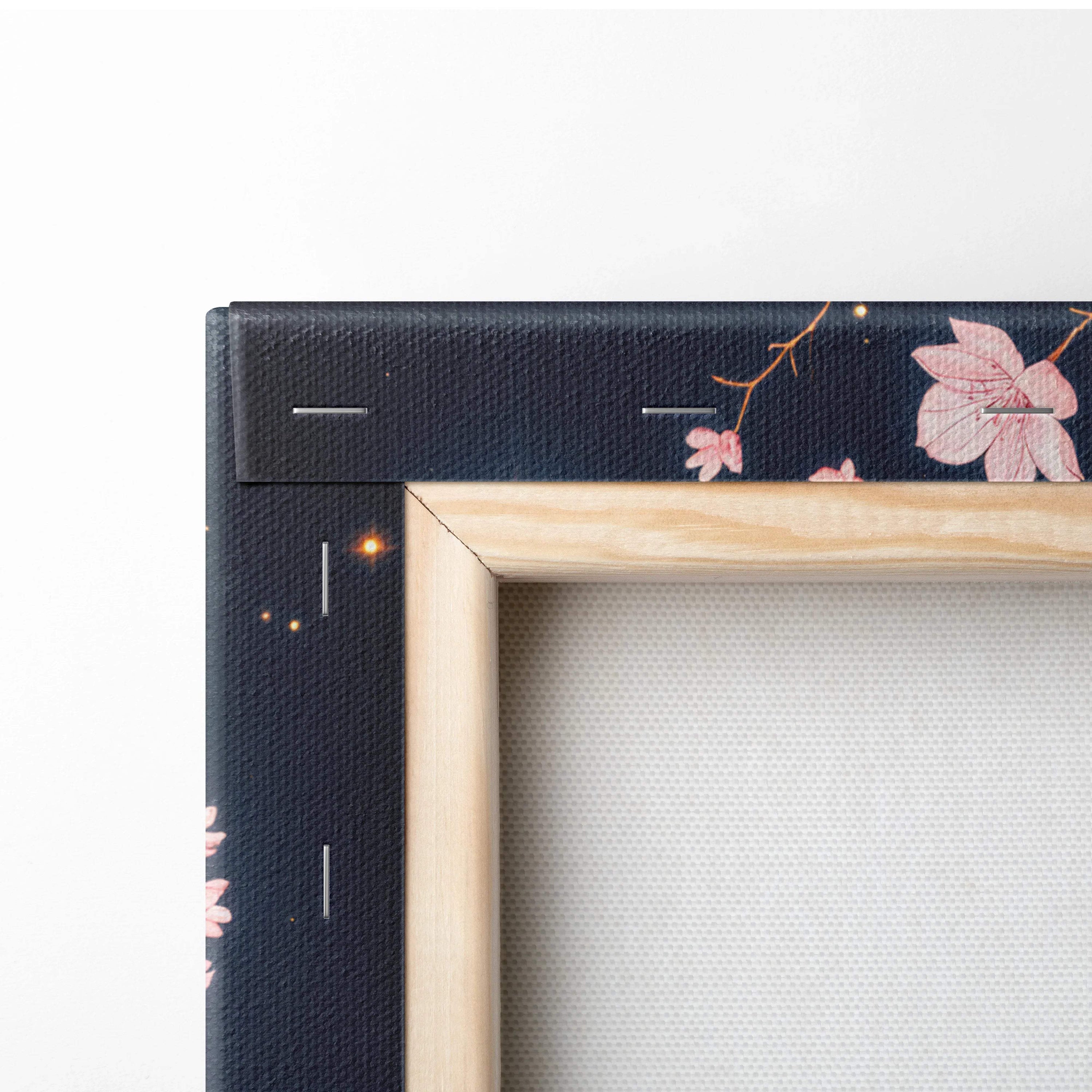 Dreamy fantasy glow canvas wall art with glowing cherry blossom tree, golden orb and soft pink blossoms at night