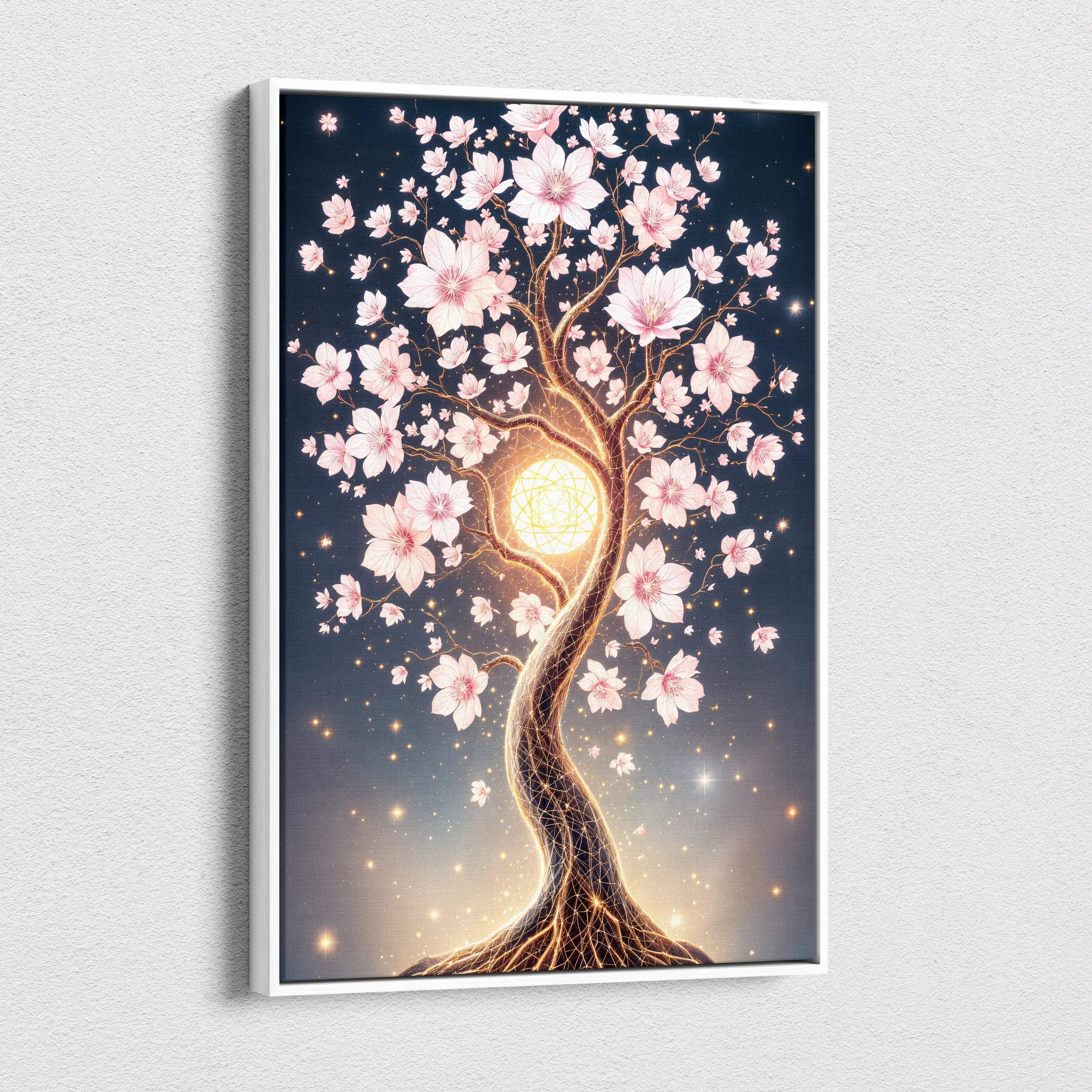 Glowing cherry blossom tree canvas wall art with golden orb and pink blossoms at night