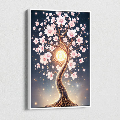 Glowing cherry blossom tree canvas wall art with golden orb and pink blossoms at night