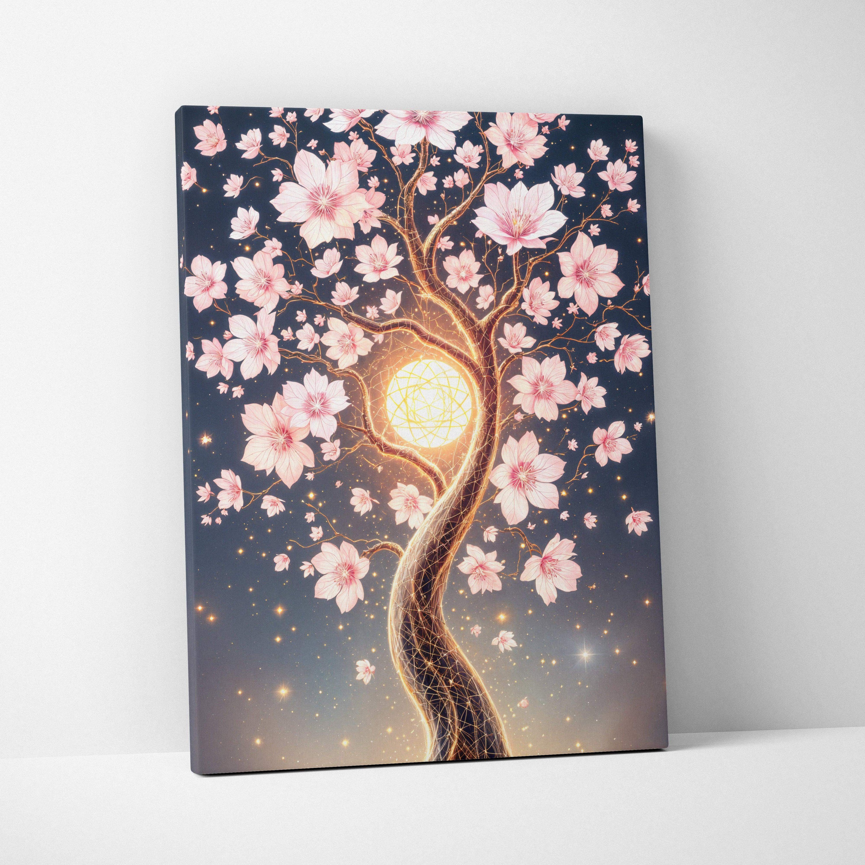 Dreamy fantasy glow canvas: glowing cherry blossom tree with golden orb, pink blossoms at night