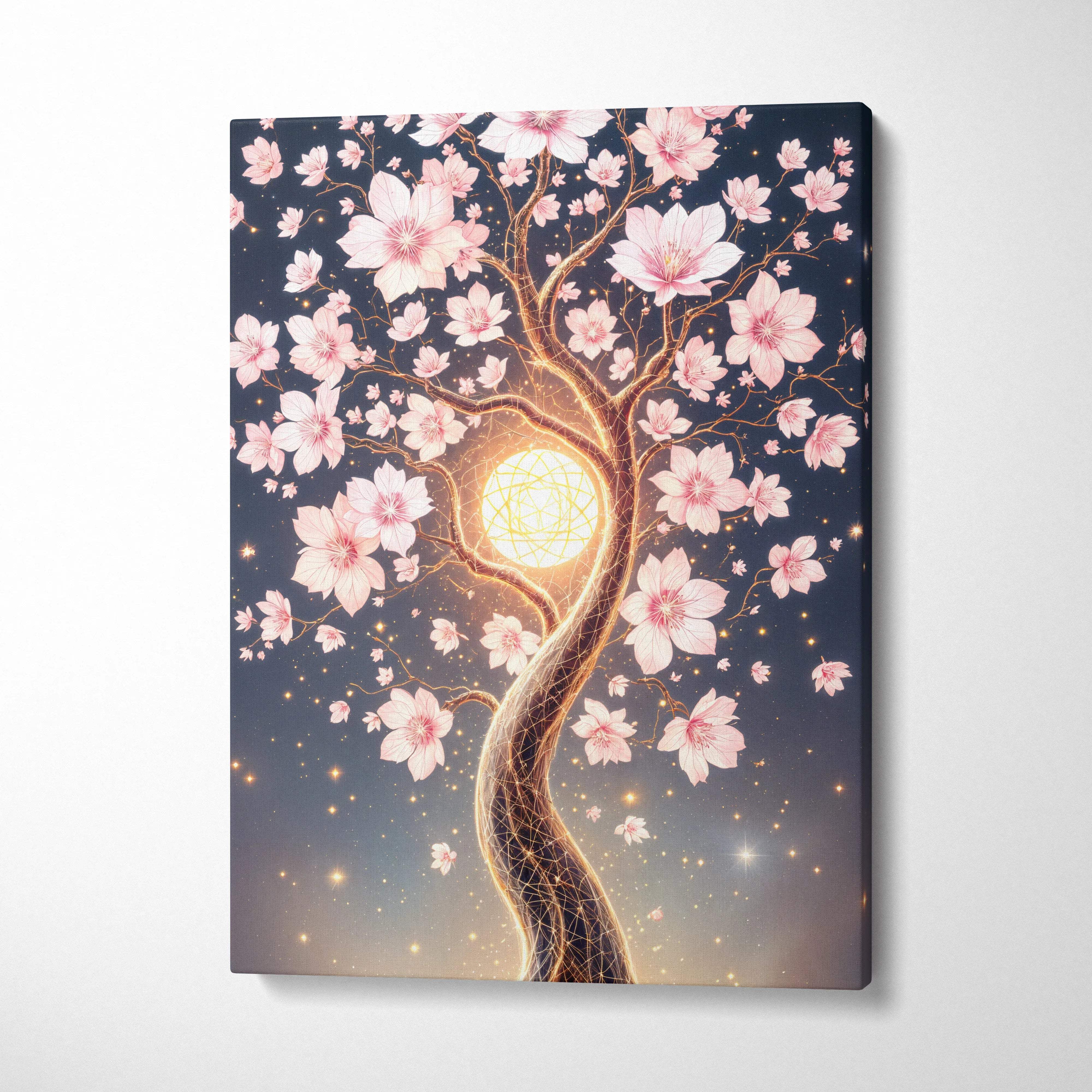 Glowing cherry blossom tree canvas wall art with golden orb and pink blossoms at night