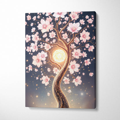 Glowing cherry blossom tree canvas wall art with golden orb and pink blossoms at night