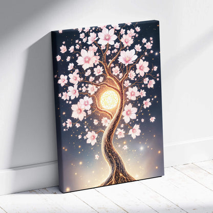Glowing cherry blossom tree canvas wall art with golden orb and pink blossoms at night