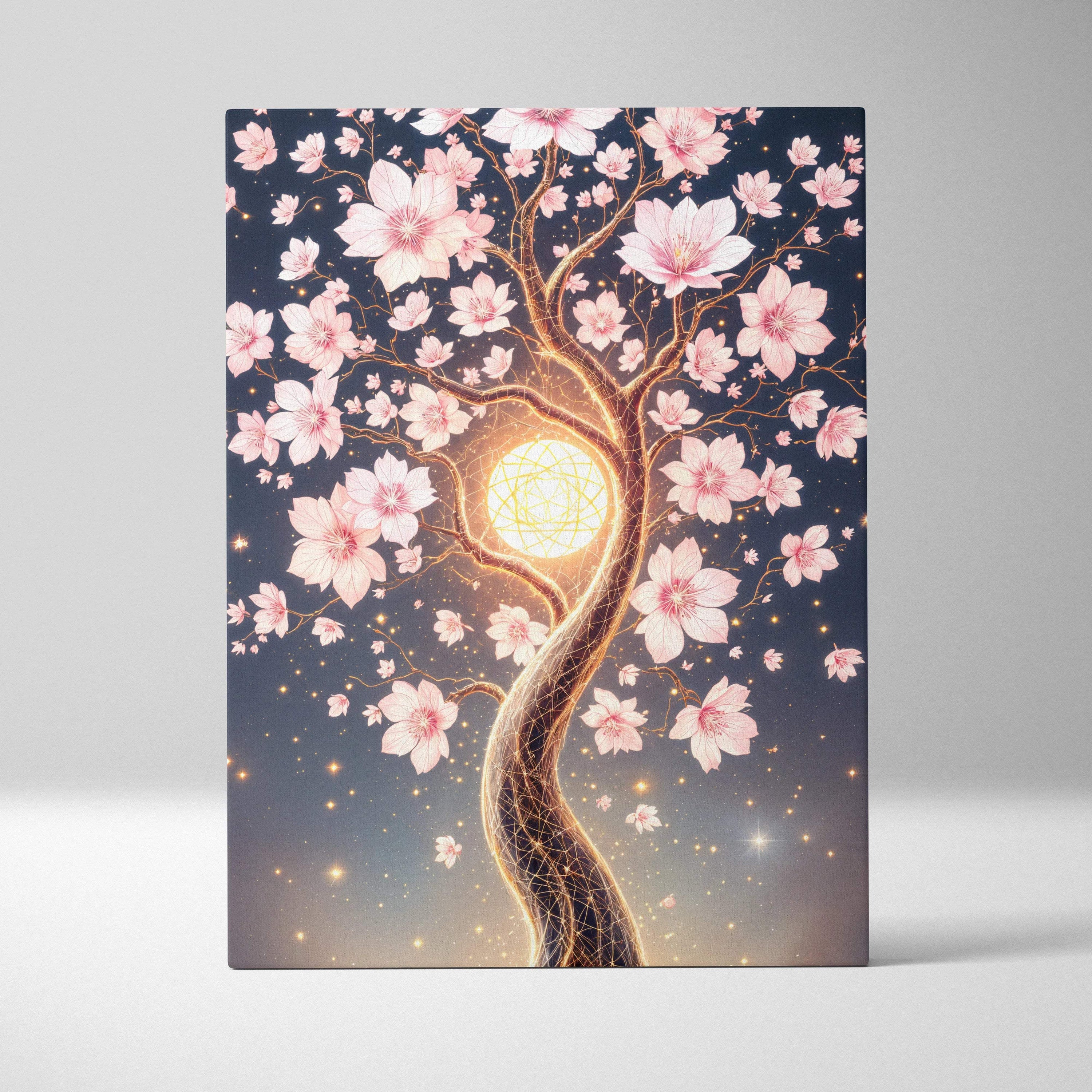 Glowing cherry blossom tree canvas wall art with pink blossoms and golden orb at night
