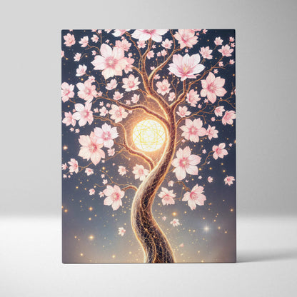 Glowing cherry blossom tree canvas wall art with pink blossoms and golden orb at night