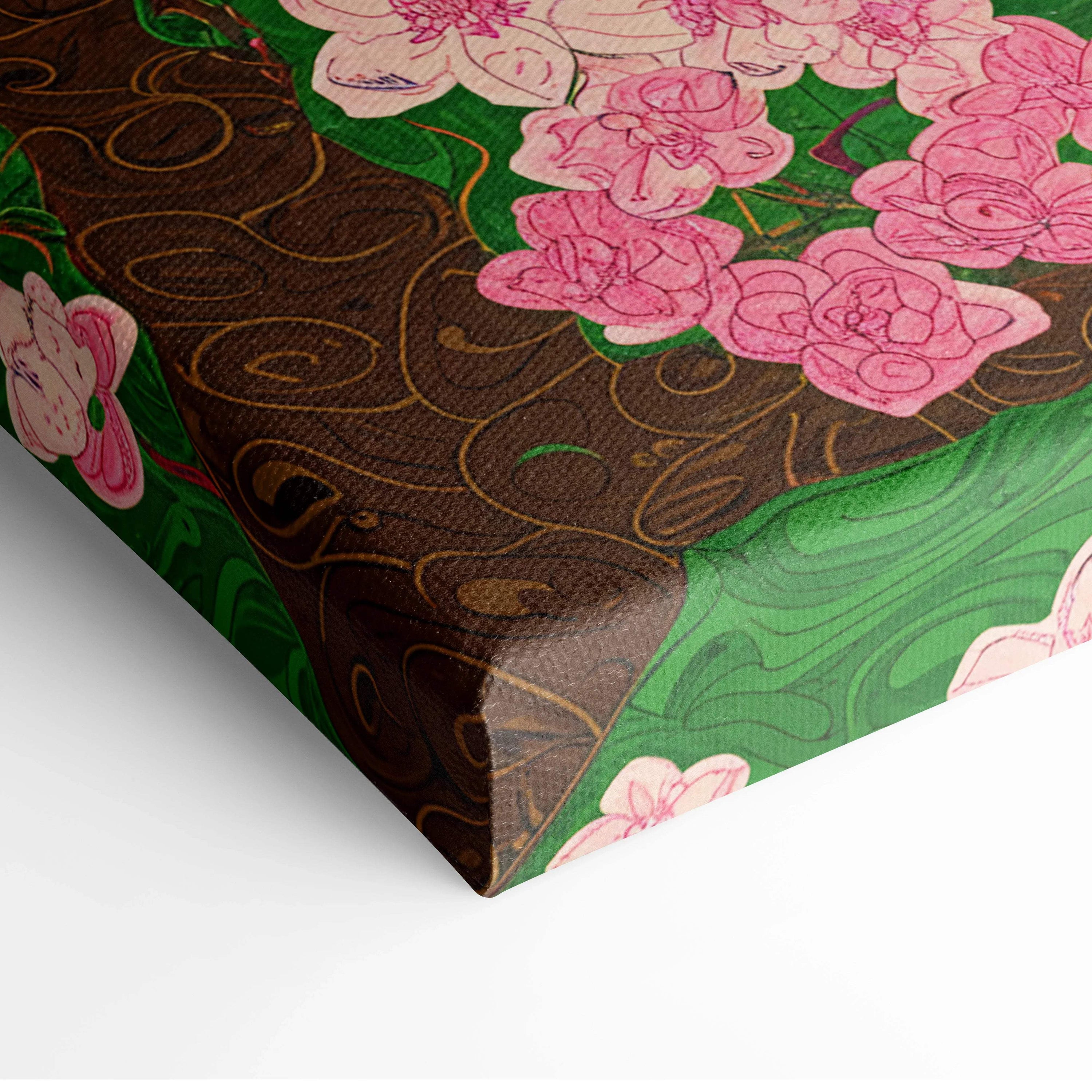 Canvas print of cherry blossom tree with pink flowers, green leaves on brown gold background