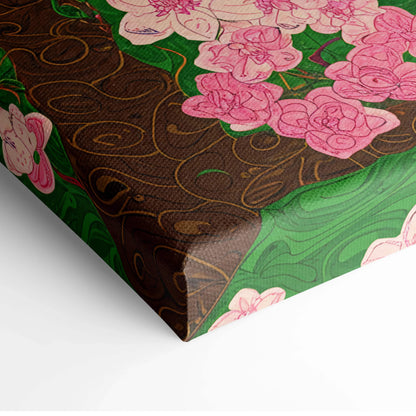 Canvas print of cherry blossom tree with pink flowers, green leaves on brown gold background