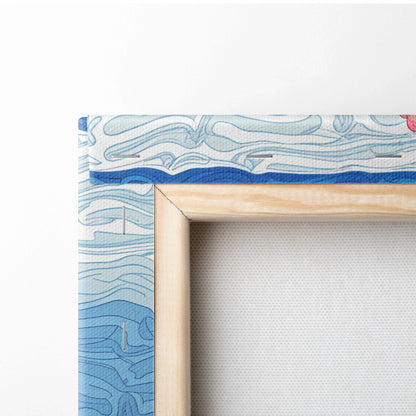 Light wood canvas frame with ocean wave border and cherry blossom art