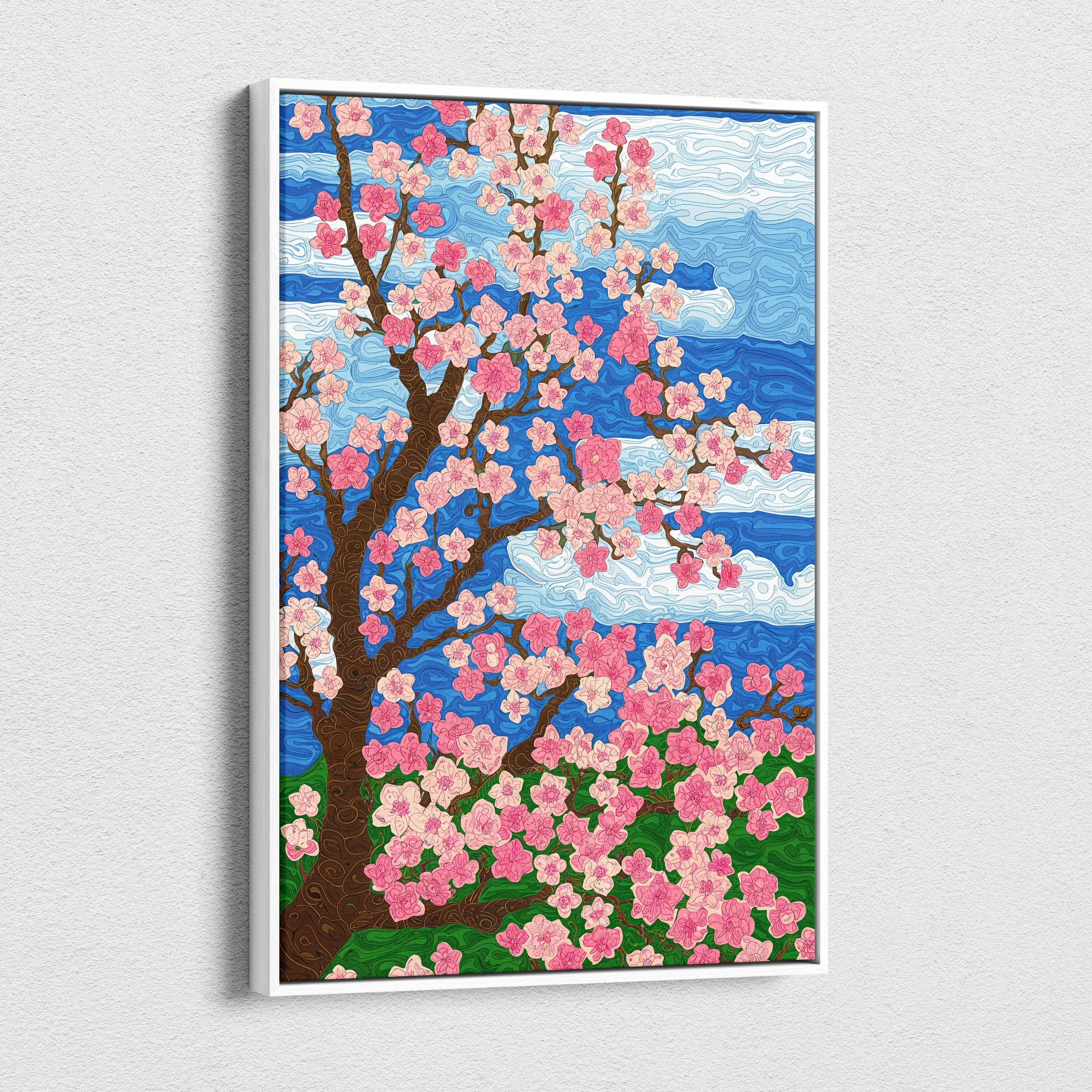 Framed cherry blossom tree canvas wall art with pink flowers on blue sky