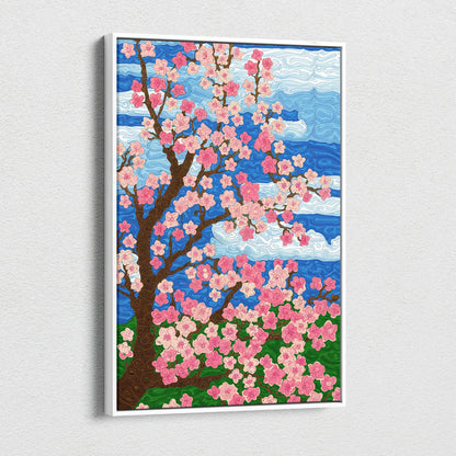 Framed cherry blossom tree canvas wall art with pink flowers on blue sky