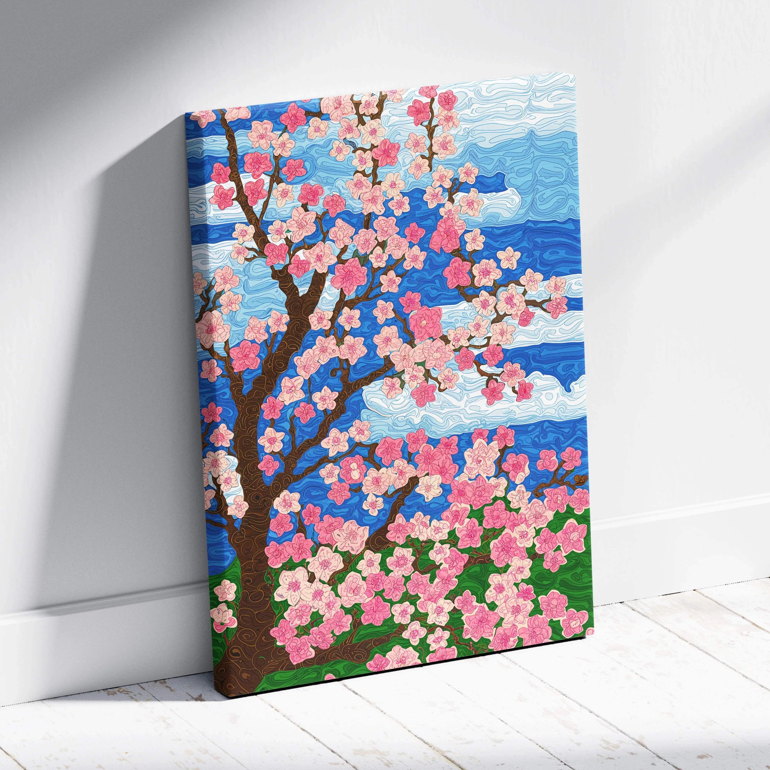 Canvas wall art of cherry blossom tree with pink flowers over blue sky