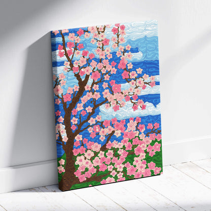 Canvas wall art of cherry blossom tree with pink flowers over blue sky