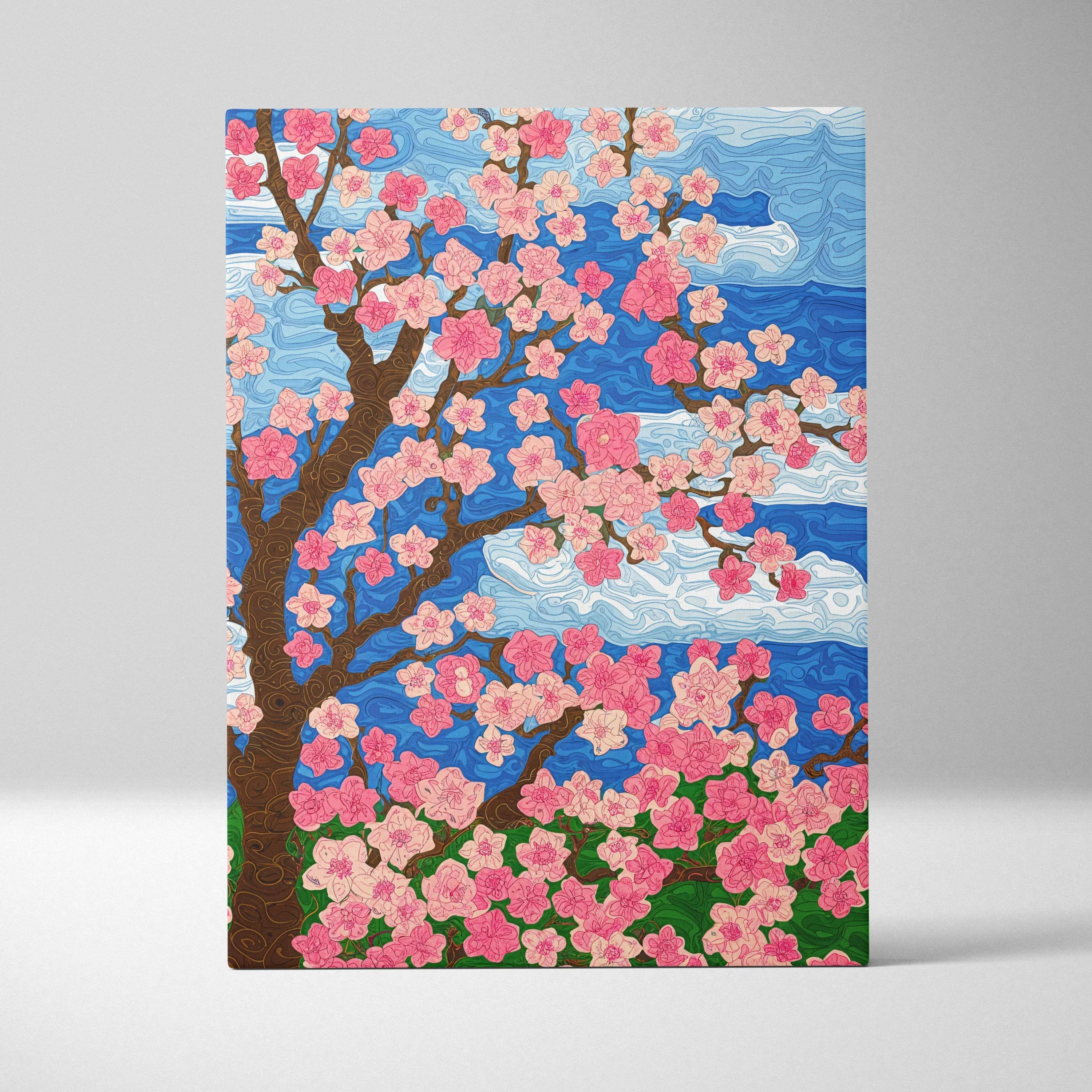Canvas print of stylized cherry blossom tree with pink flowers on blue sky