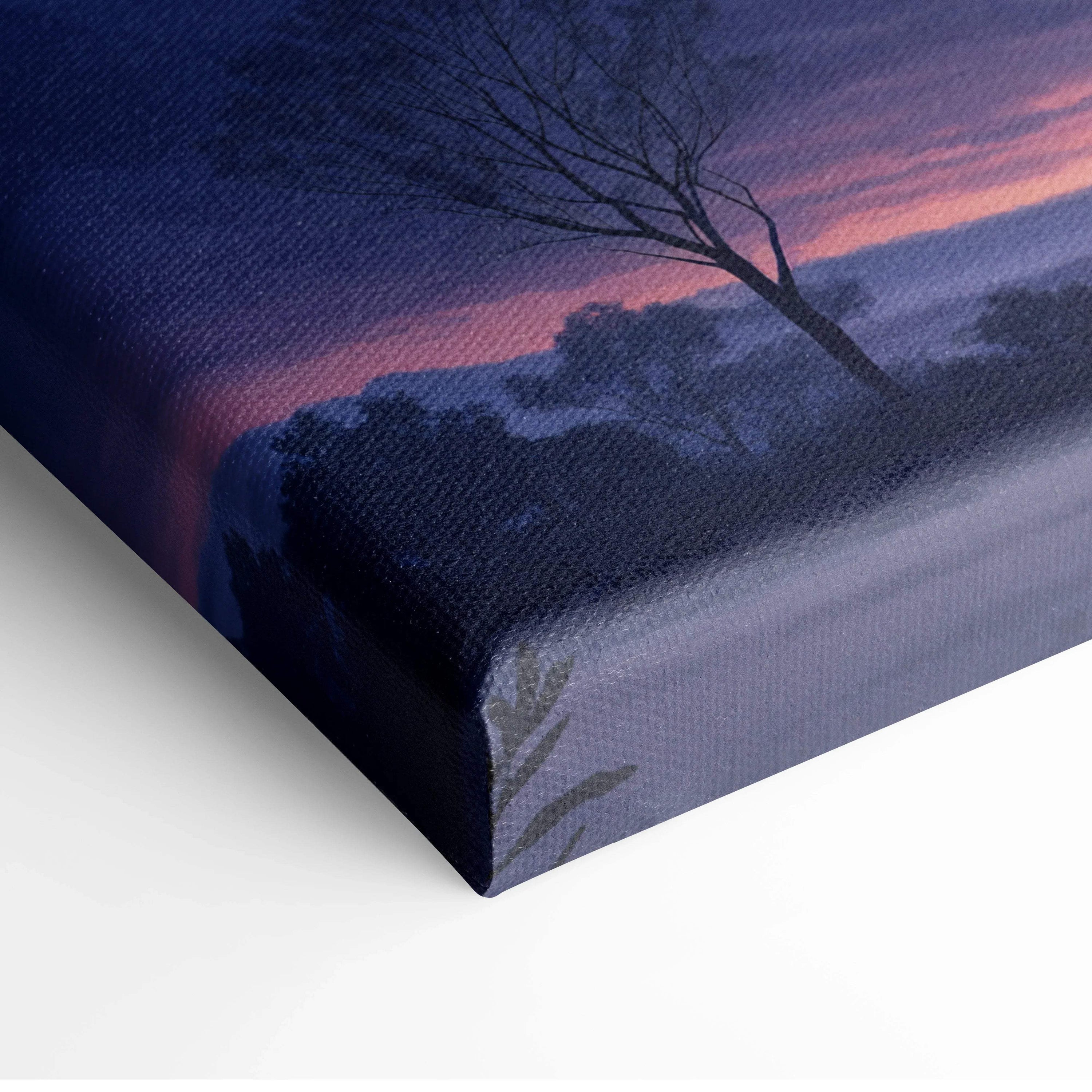 Canvas print of silhouetted tree in dreamy twilight with crescent moon and stars