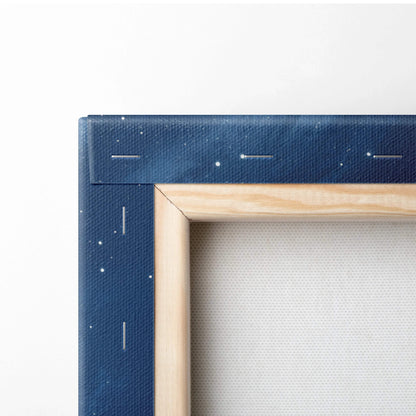 Navy blue starry canvas in light wood frame with dreamy nightscape and moon