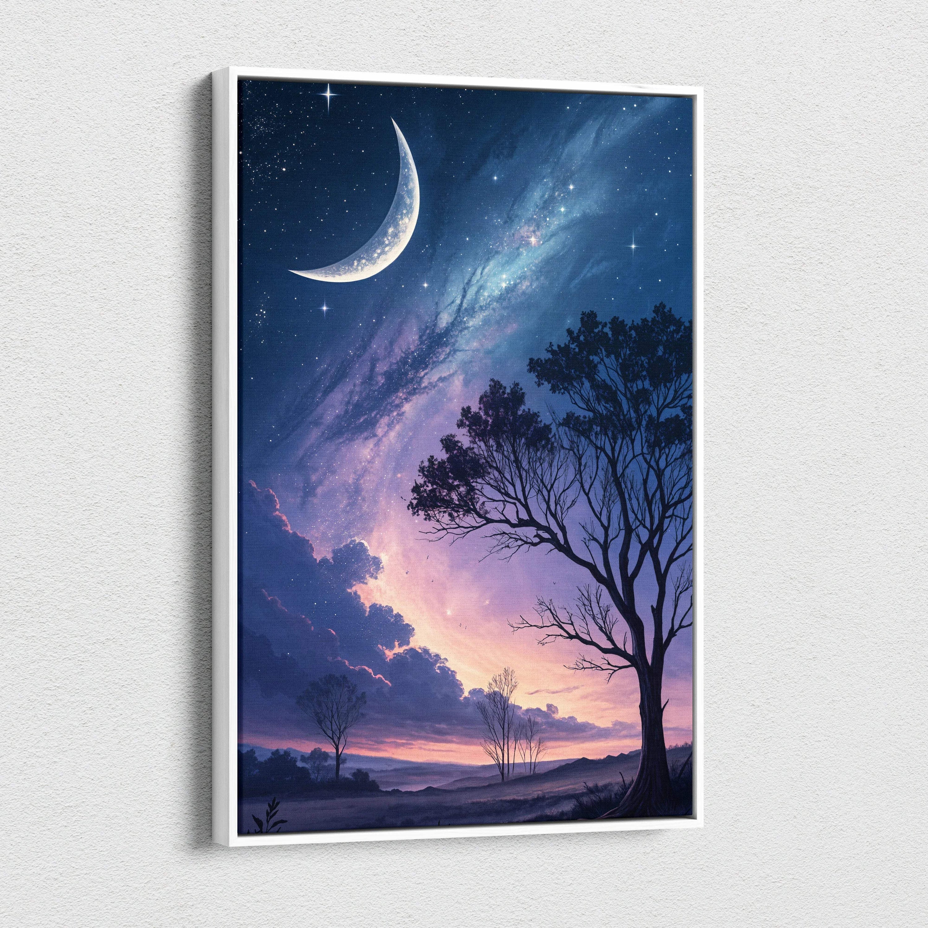 Framed dreamy nightscape canvas art with crescent moon, starry nebulae sky, silhouetted trees in blue purple hues