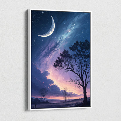 Framed dreamy nightscape canvas art with crescent moon, starry nebulae sky, silhouetted trees in blue purple hues