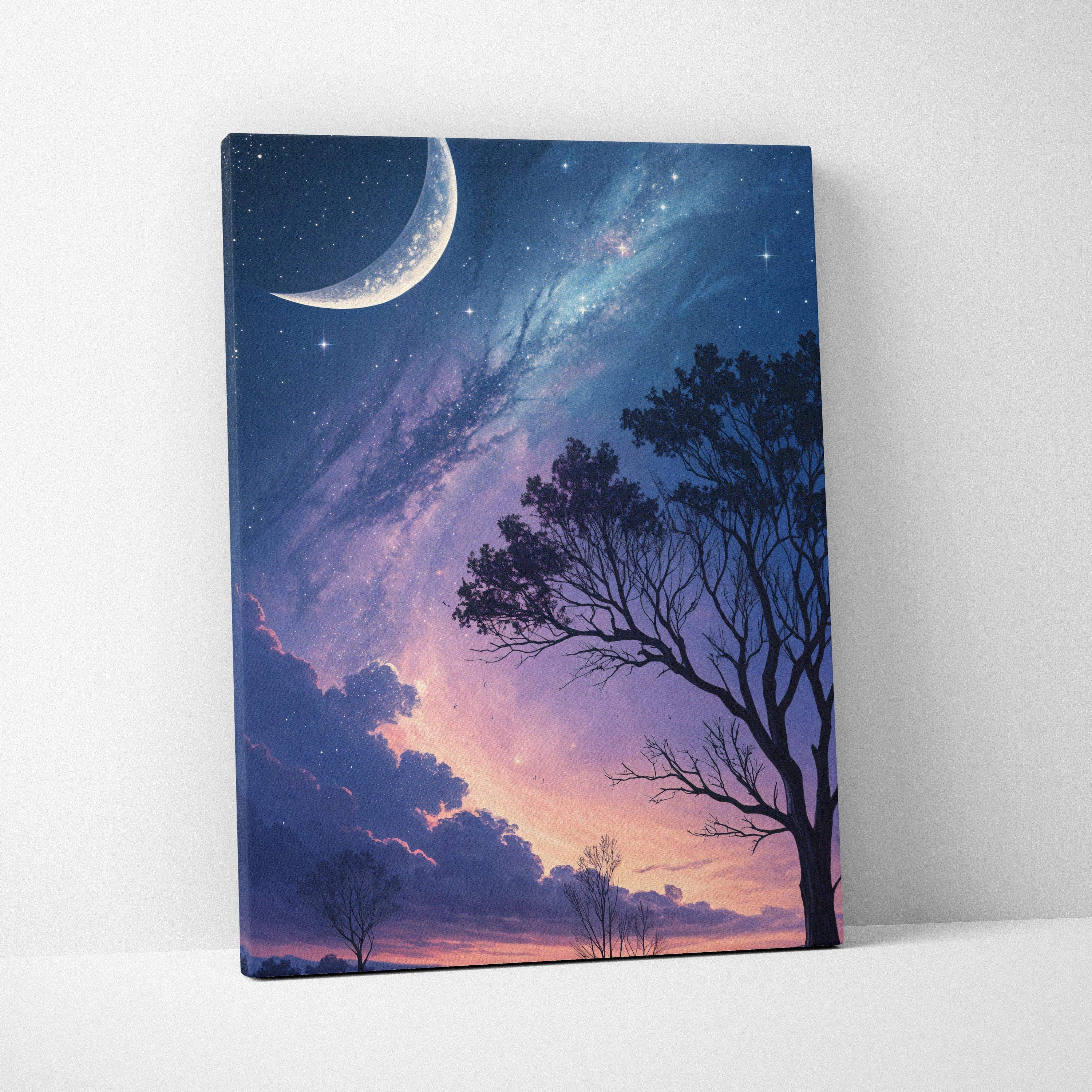 Canvas print of dreamy nightscape with crescent moon, starry sky over silhouetted trees in blue purple hues