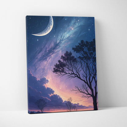 Canvas print of dreamy nightscape with crescent moon, starry sky over silhouetted trees in blue purple hues