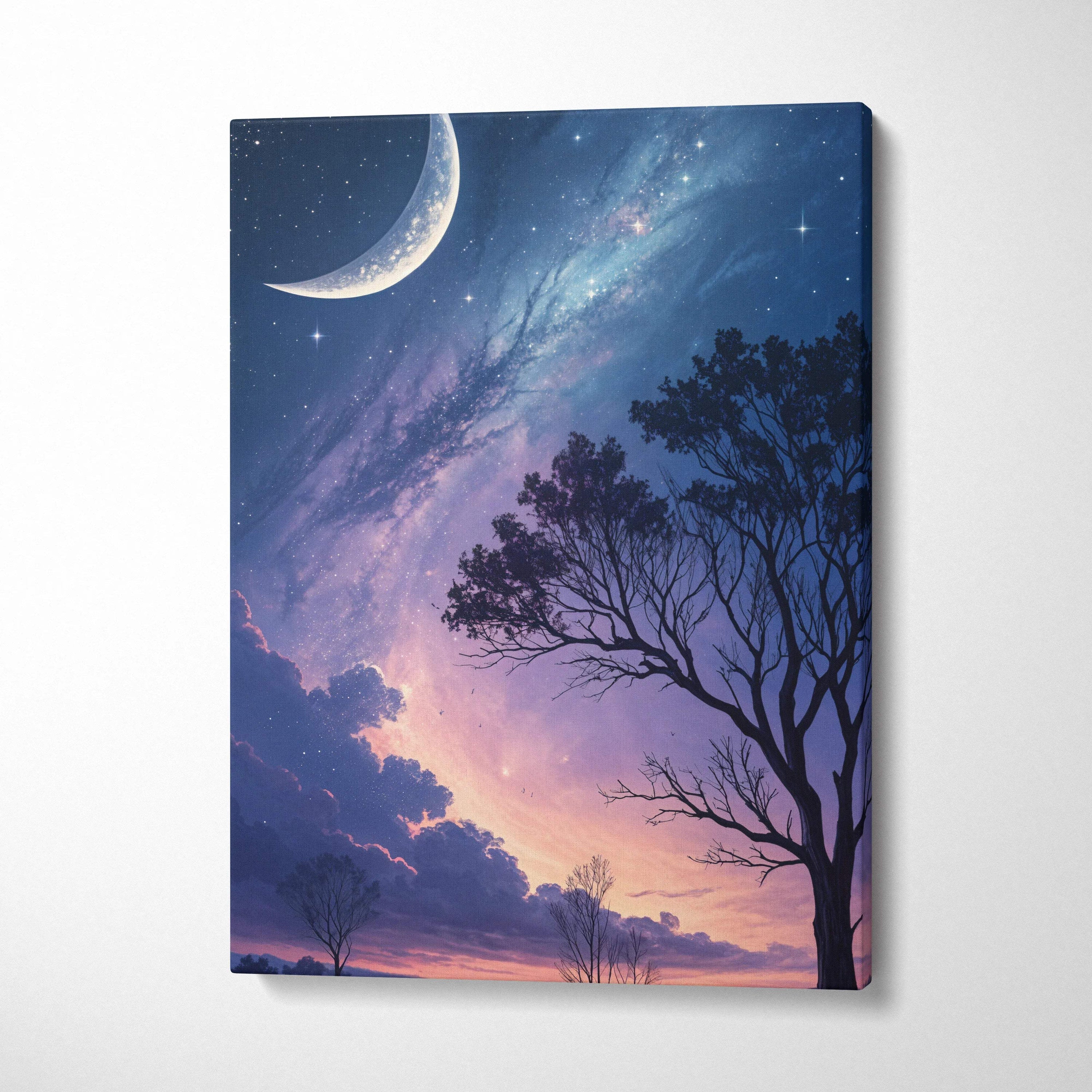 Canvas print of dreamy nightscape with crescent moon, starry blue purple sky over silhouetted trees