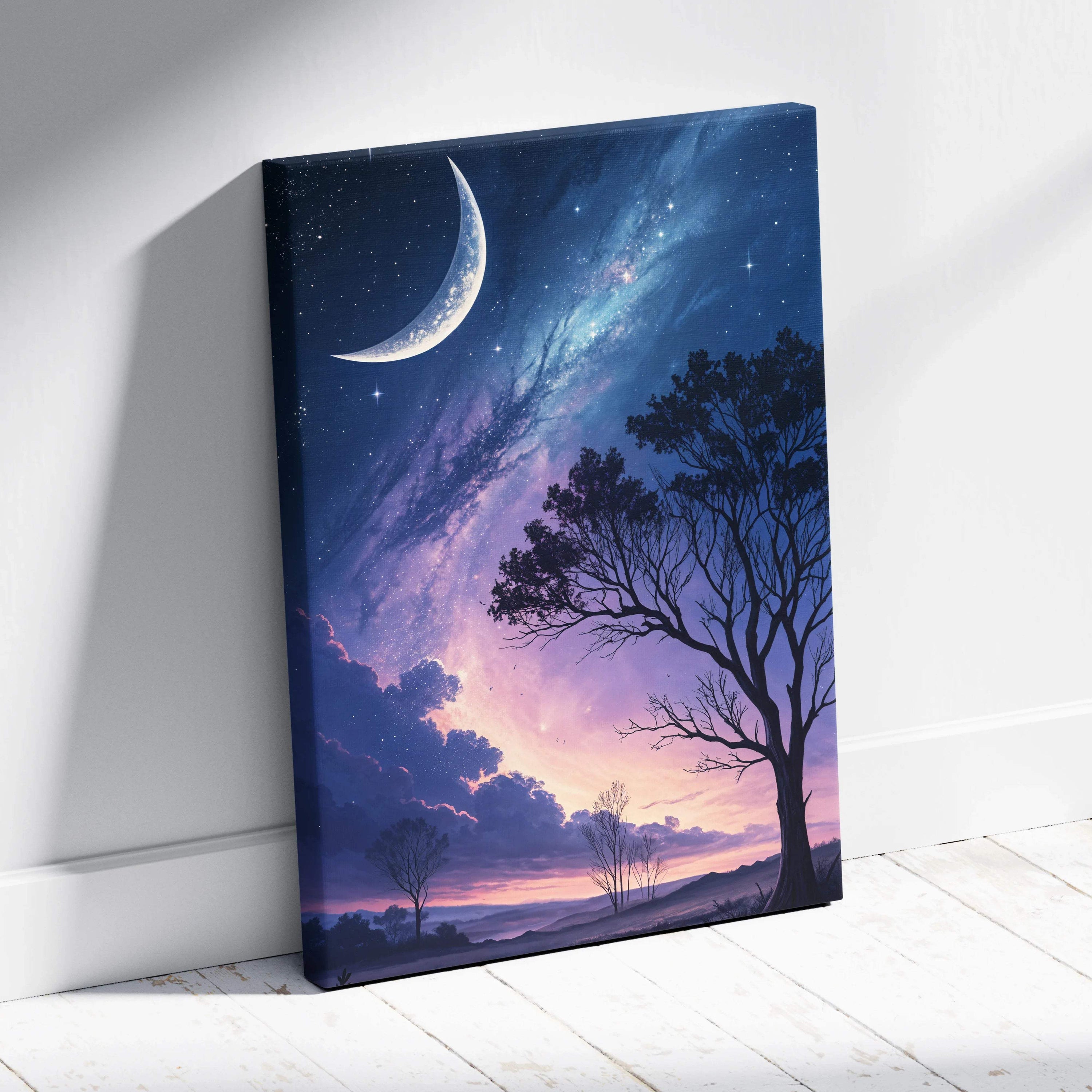 Canvas print of dreamy nightscape with crescent moon, starry sky over silhouetted trees in blue purple hues