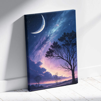Canvas print of dreamy nightscape with crescent moon, starry sky over silhouetted trees in blue purple hues