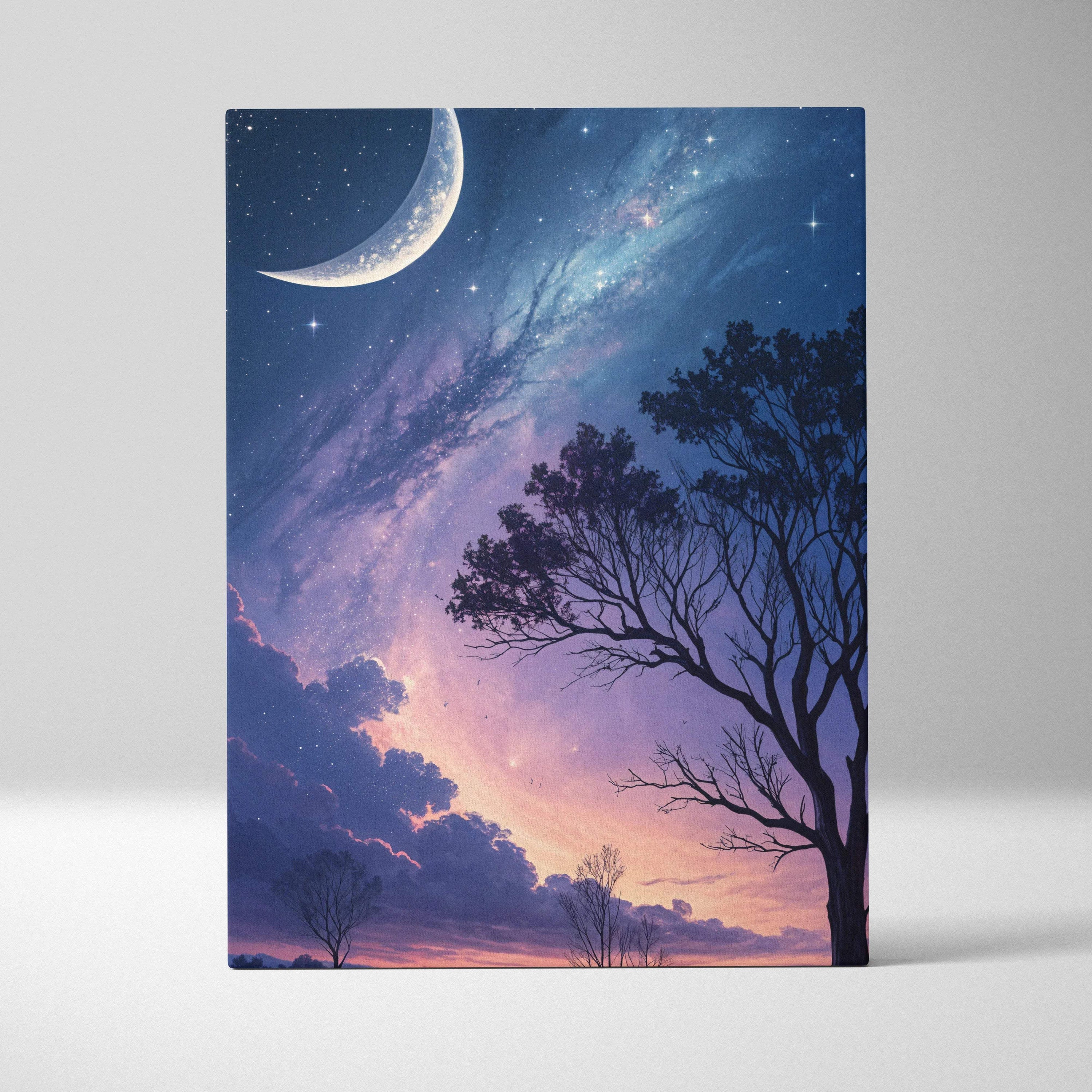 Canvas print of dreamy nightscape with crescent moon, starry purple blue sky, silhouetted trees