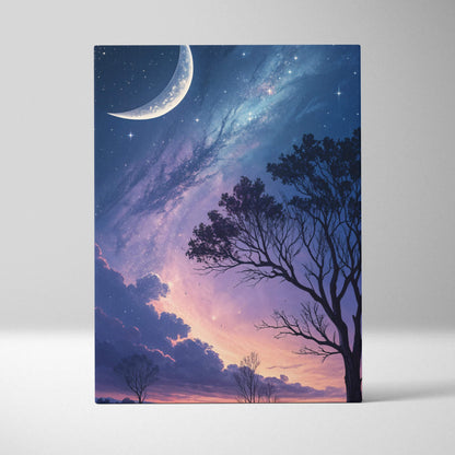 Canvas print of dreamy nightscape with crescent moon, starry purple blue sky, silhouetted trees
