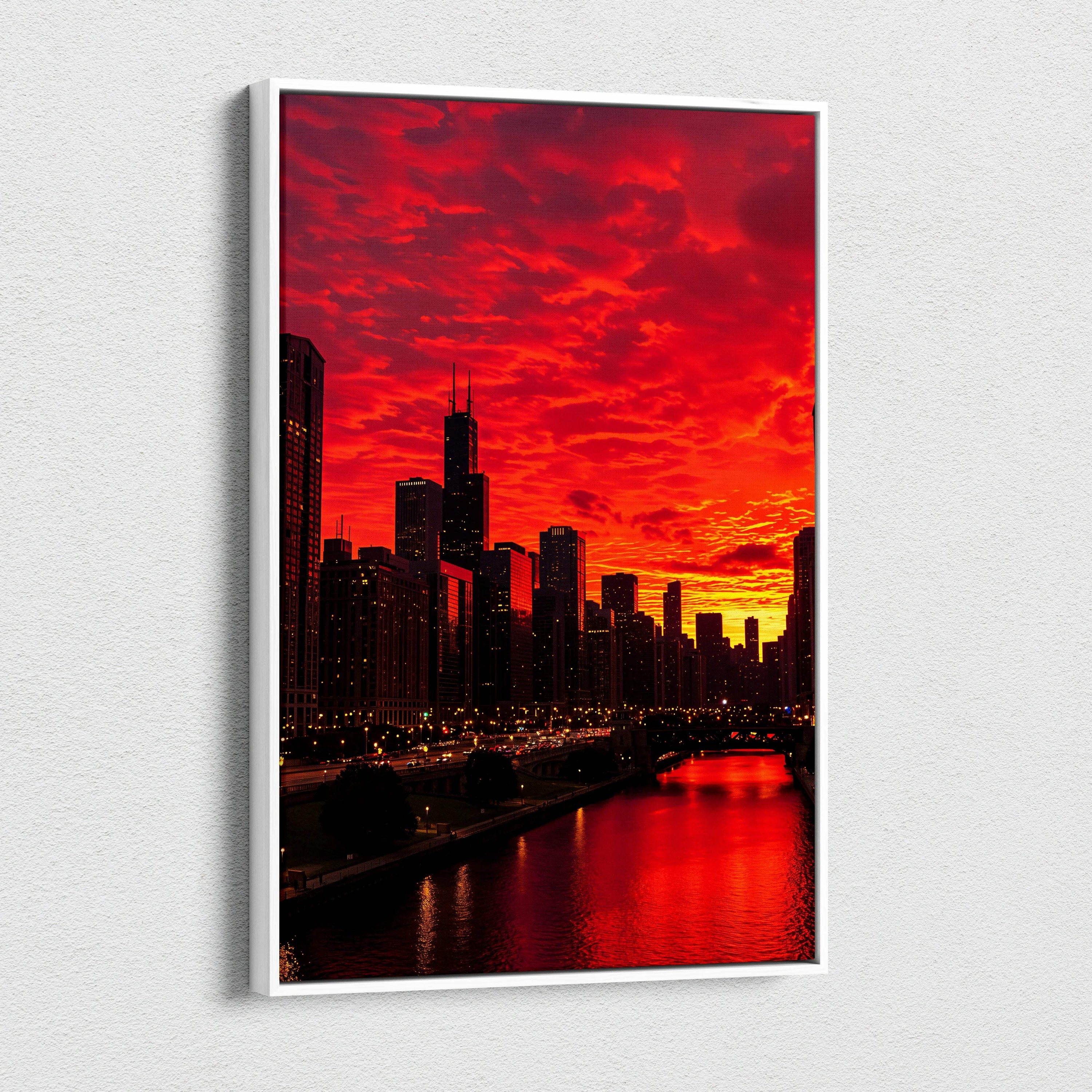 Vibrant red orange Chicago skyline sunset canvas wall art with river reflections