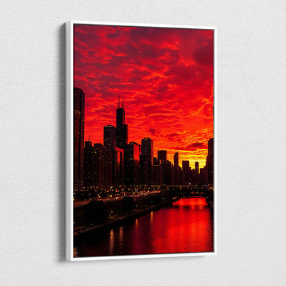 Vibrant red orange Chicago skyline sunset canvas wall art with river reflections