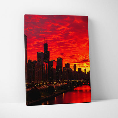 Vibrant red orange Chicago sunset skyline canvas print with river reflections