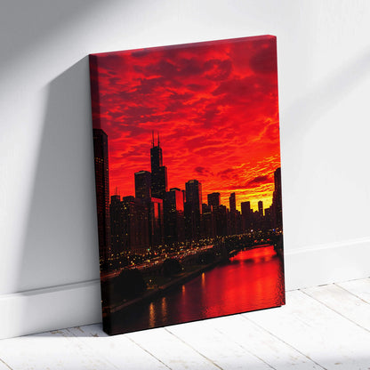 Vibrant red orange Chicago sunset skyline canvas print with river reflections