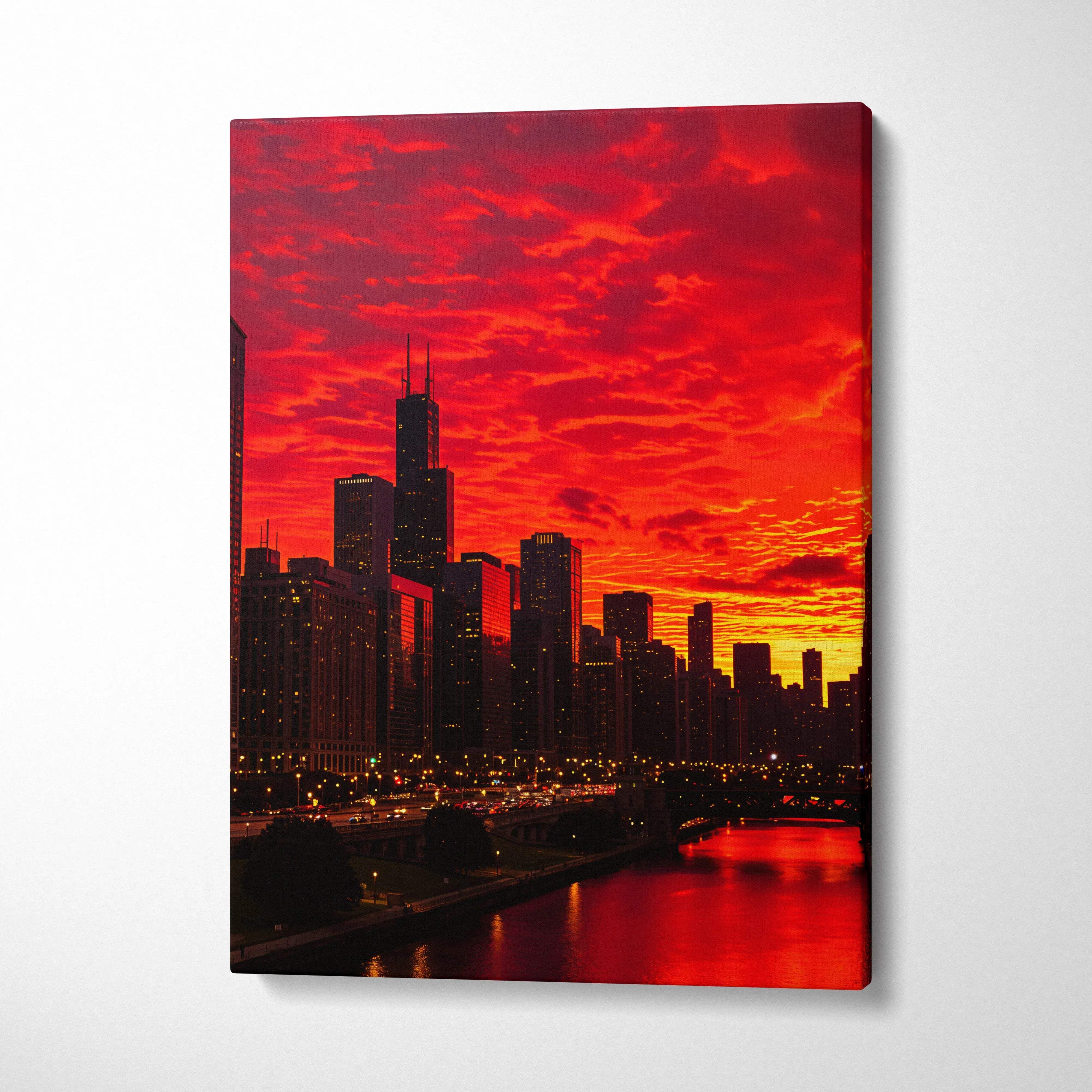 Vibrant red orange Chicago sunset skyline canvas print with river reflections