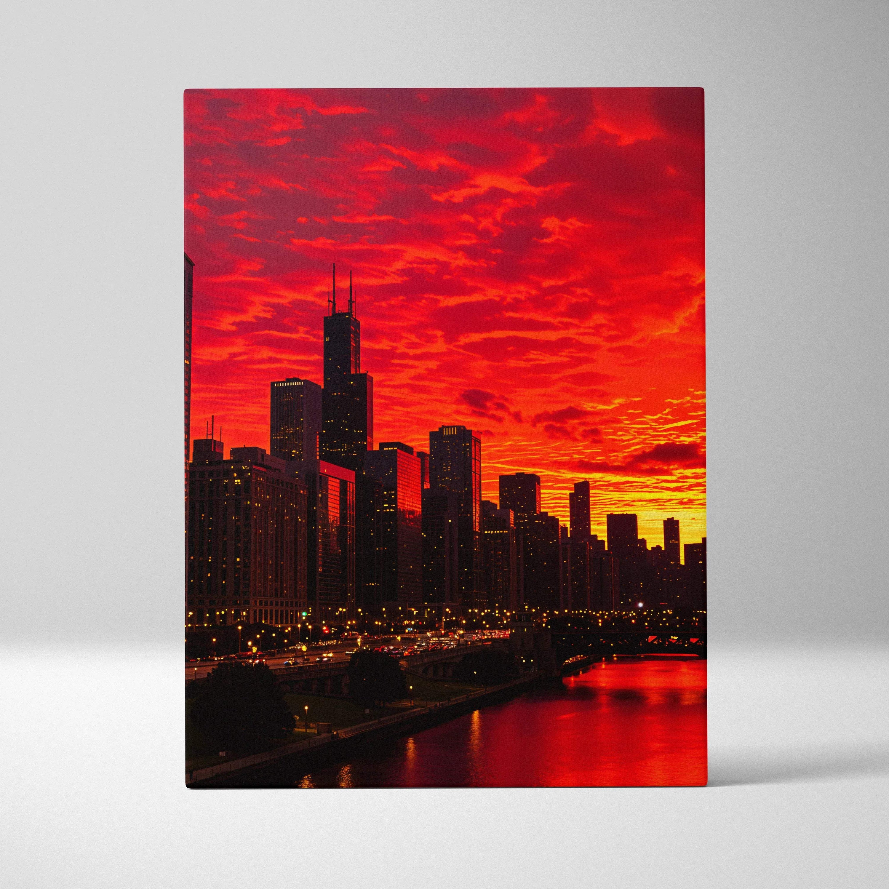 Vibrant red orange Chicago sunset skyline canvas print with river reflections