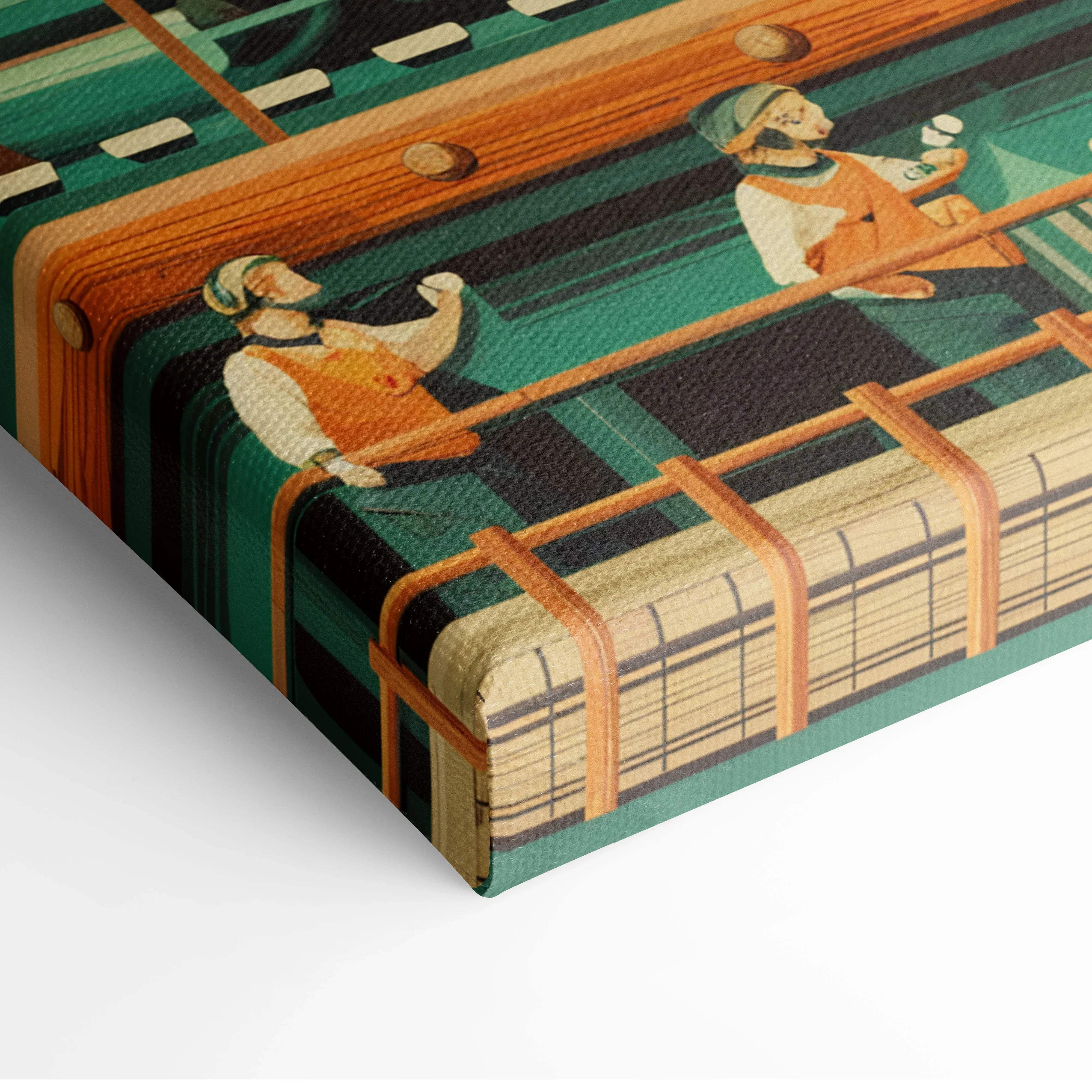 Retro canvas print of workers in orange vests on teal striped train