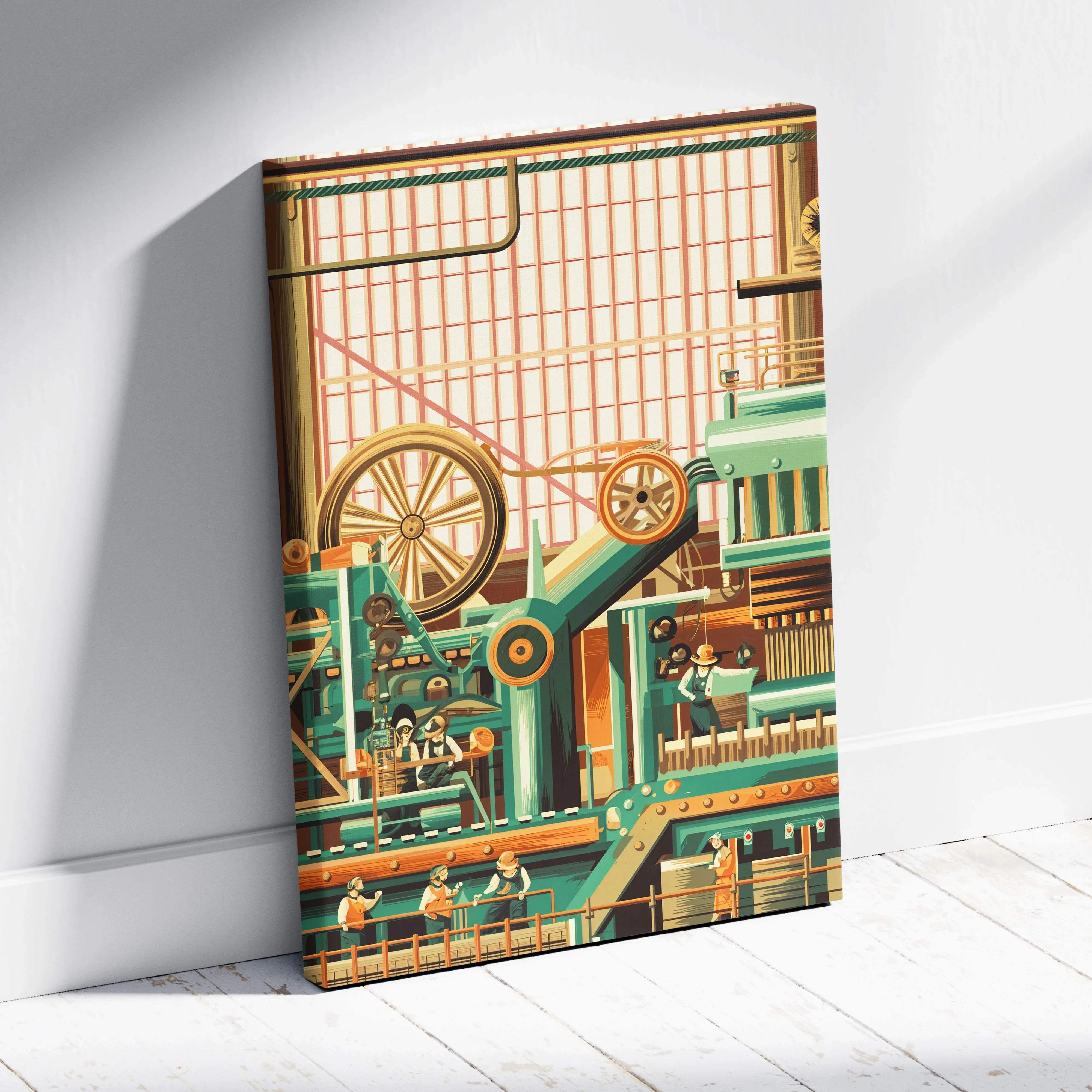 Steampunk canvas wall art with teal machinery, gears, and workers