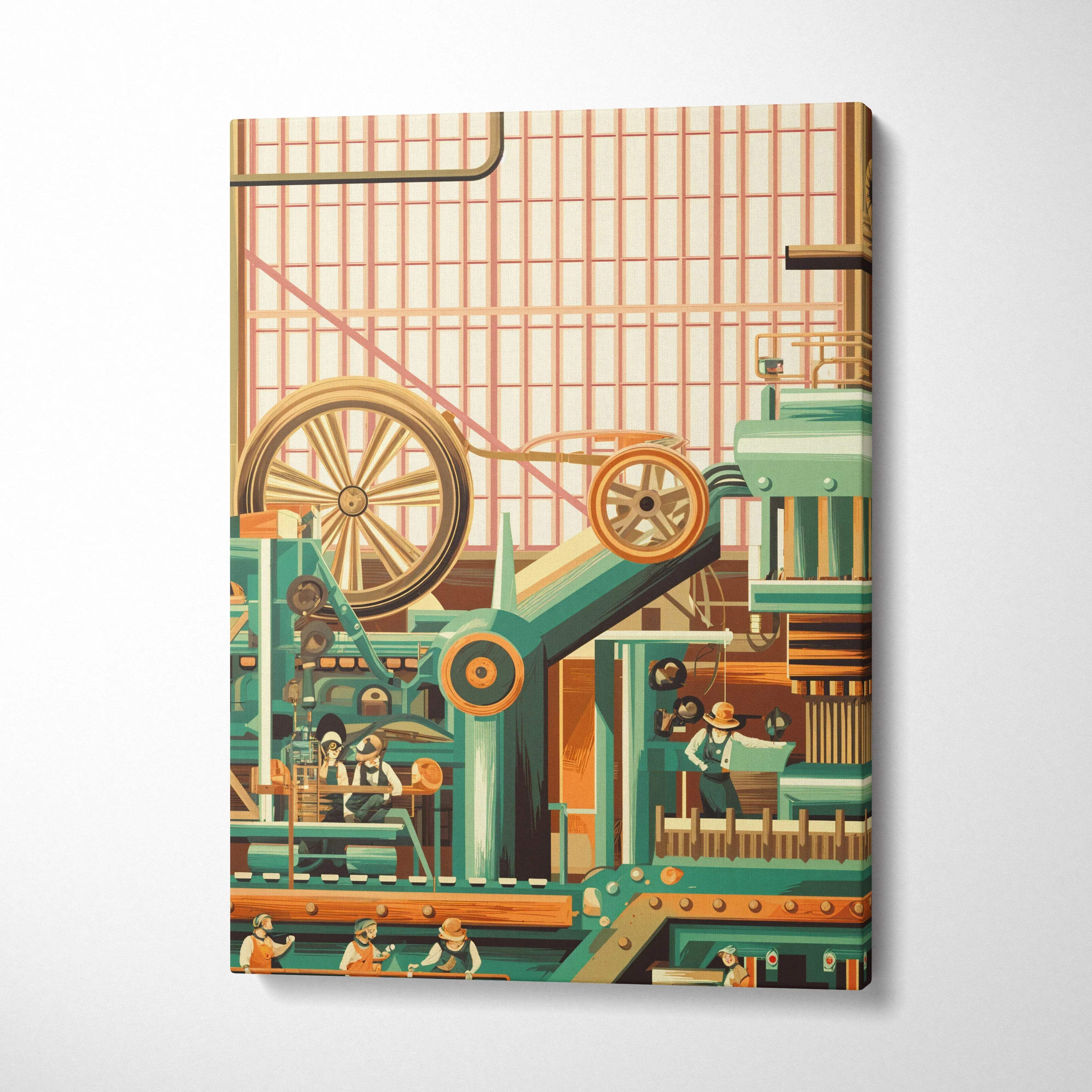 Vintage industrial factory canvas print with teal orange machinery and workers