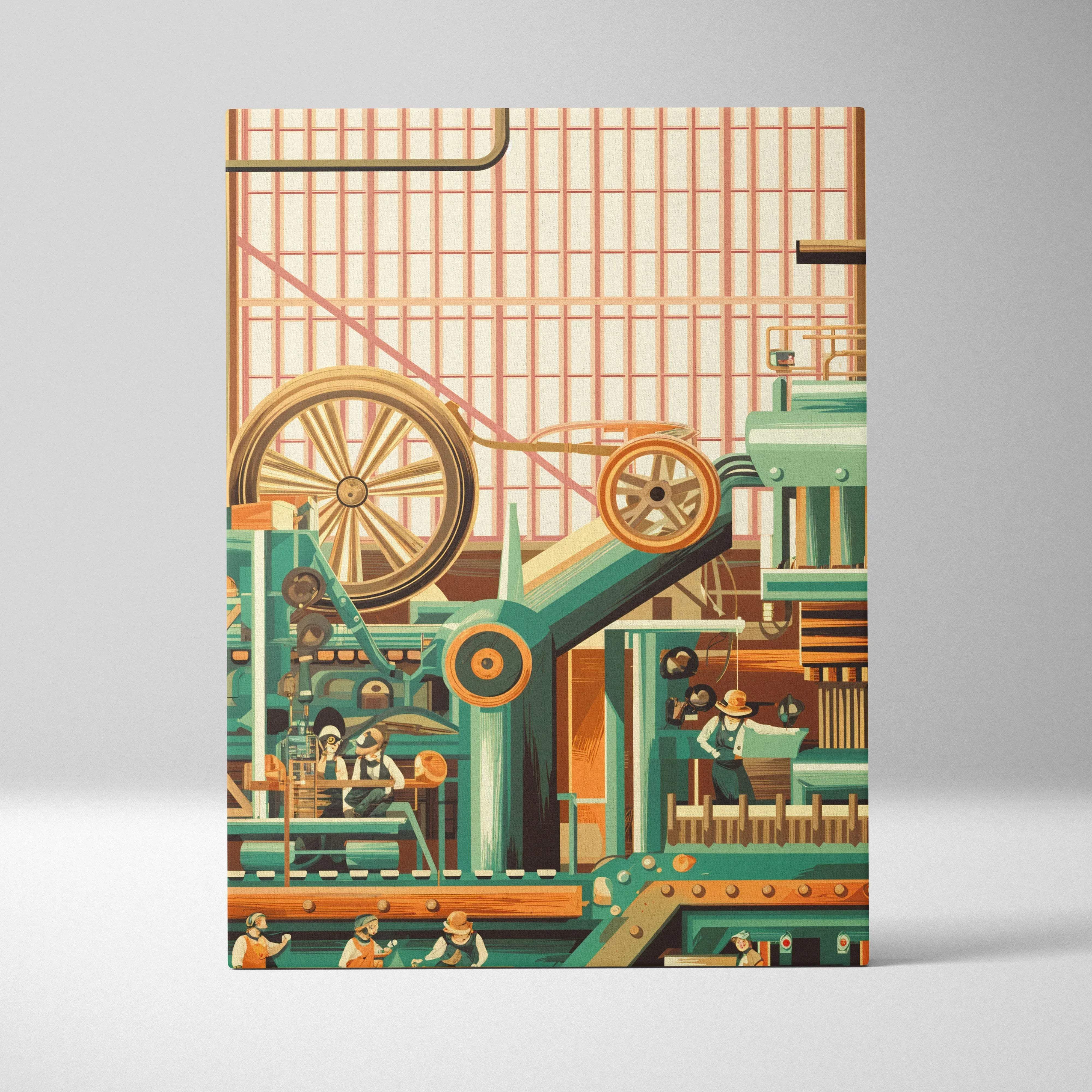 Vintage industrial factory canvas wall art with teal gold machinery workers