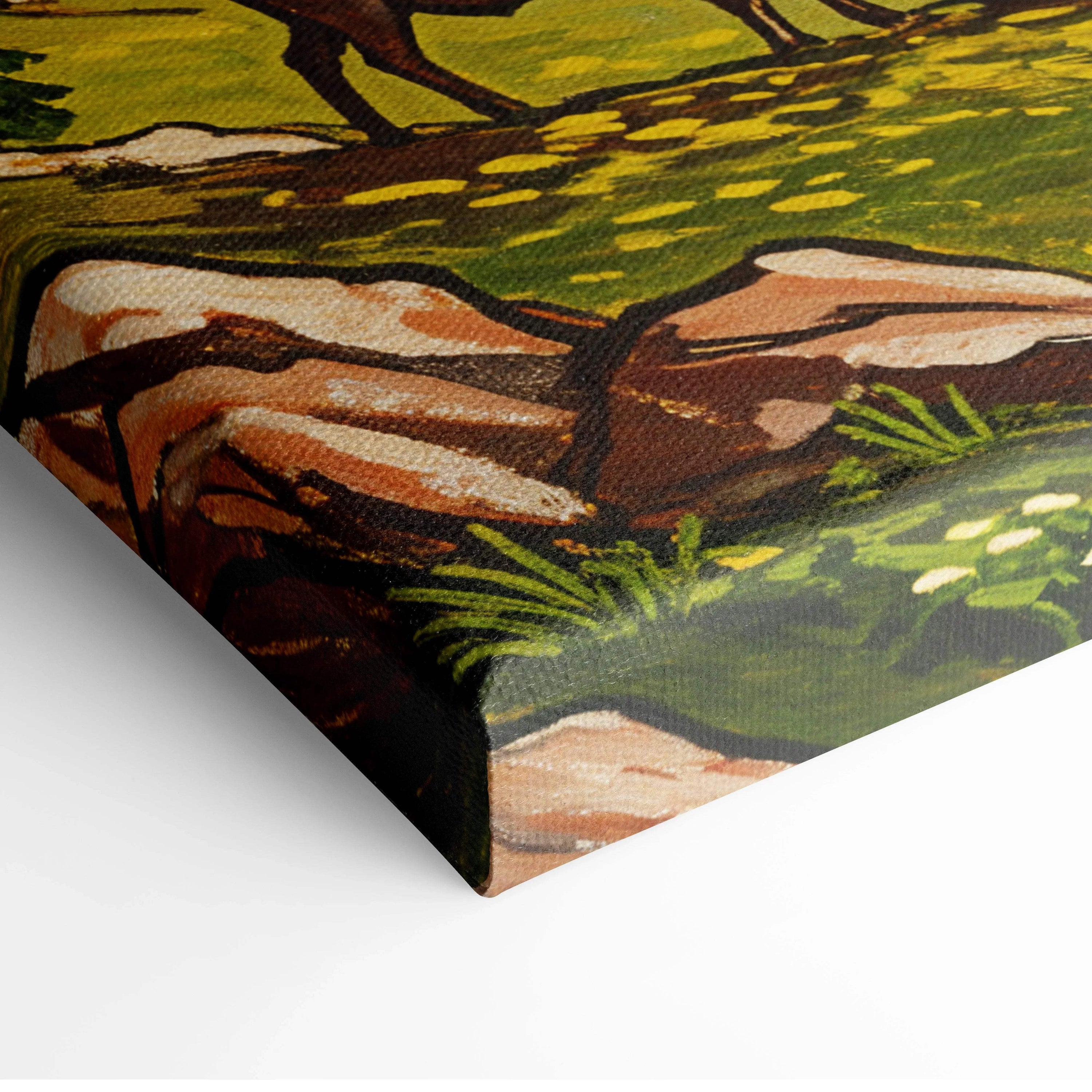 Vintage storybook canvas art of alpine valley with deer, meadows, lake, peaks