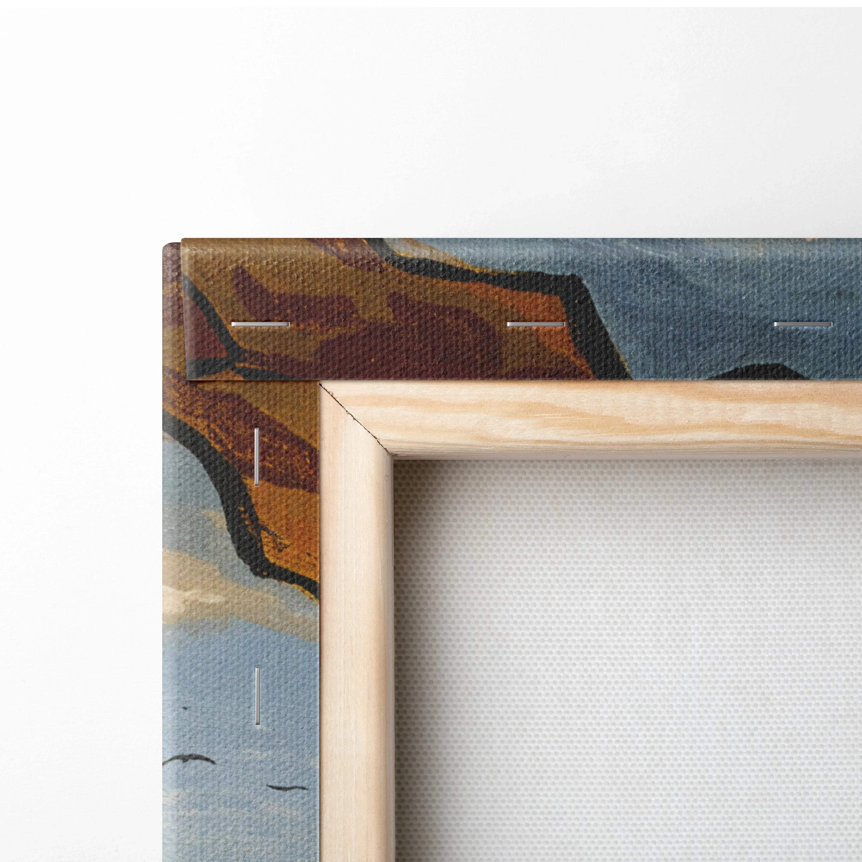 Light wood-framed canvas of vintage alpine valley with deer, lake, peaks