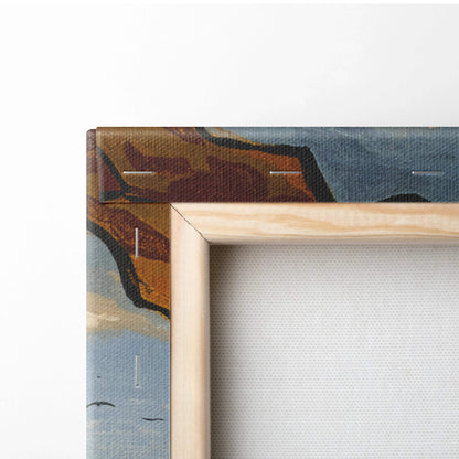 Light wood-framed canvas of vintage alpine valley with deer, lake, peaks