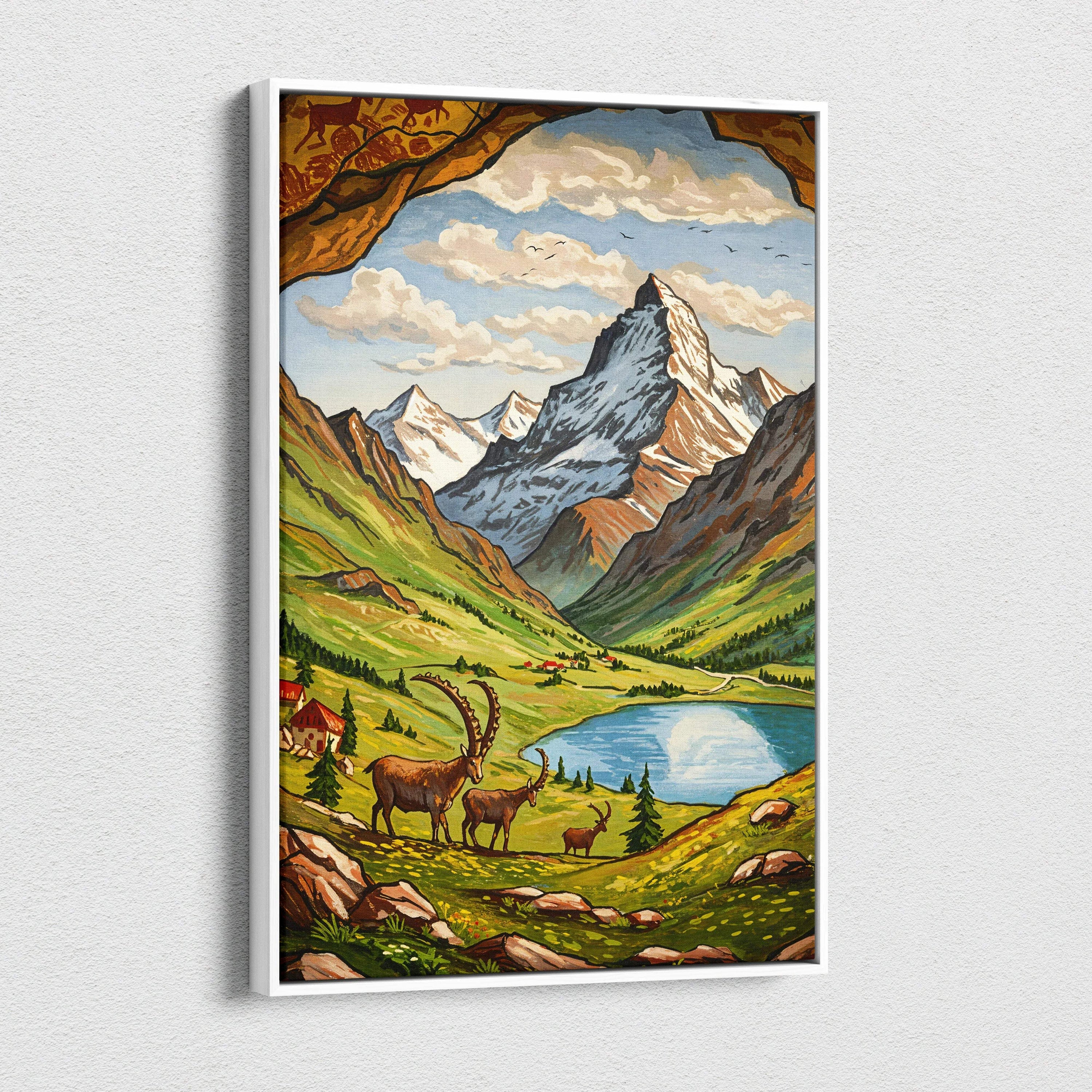 Vintage canvas wall art of alpine mountains, emerald lake, deer, snow peaks