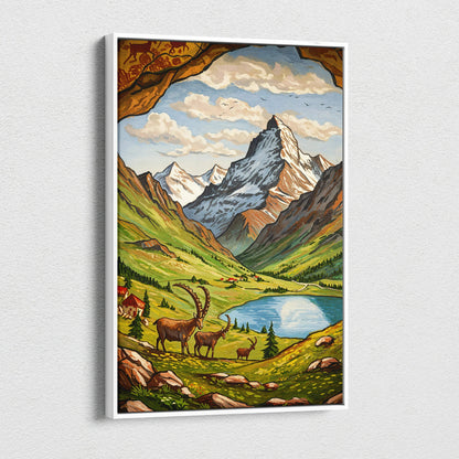 Vintage canvas wall art of alpine mountains, emerald lake, deer, snow peaks