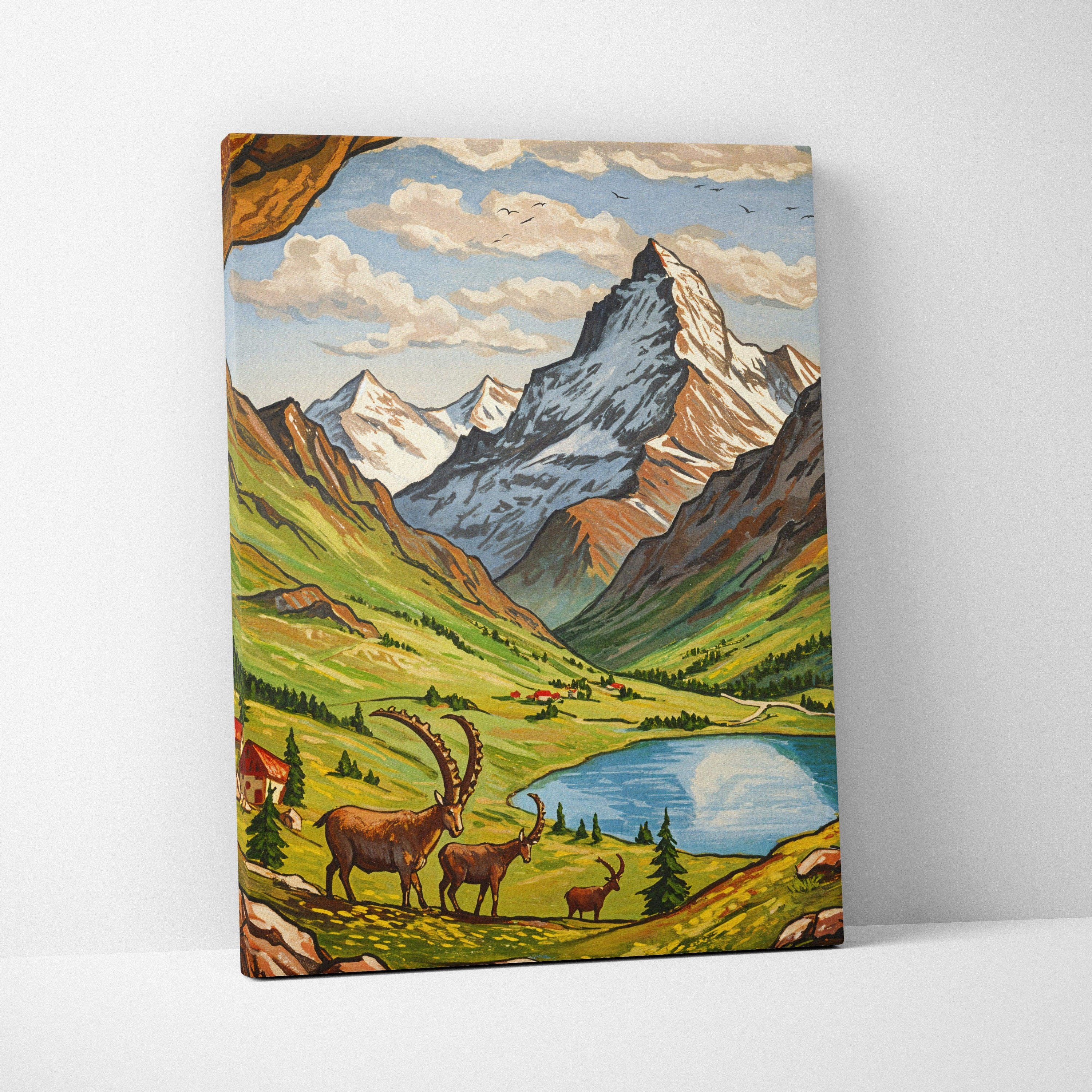 Vintage storybook canvas print of alpine mountains, deer, emerald meadows, lake