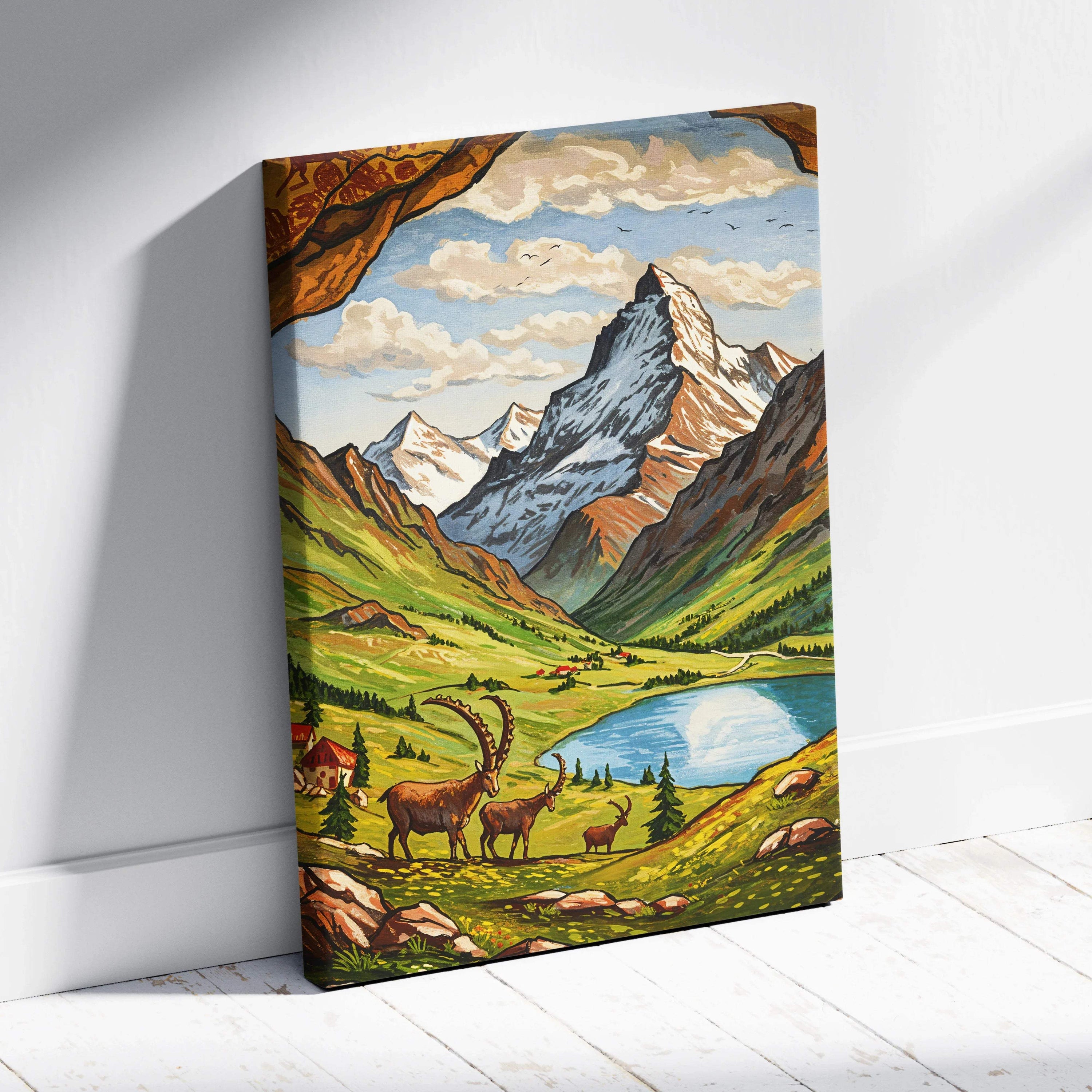 Vibrant canvas print of alpine mountain valley with deer, emerald meadows, snow-capped peaks