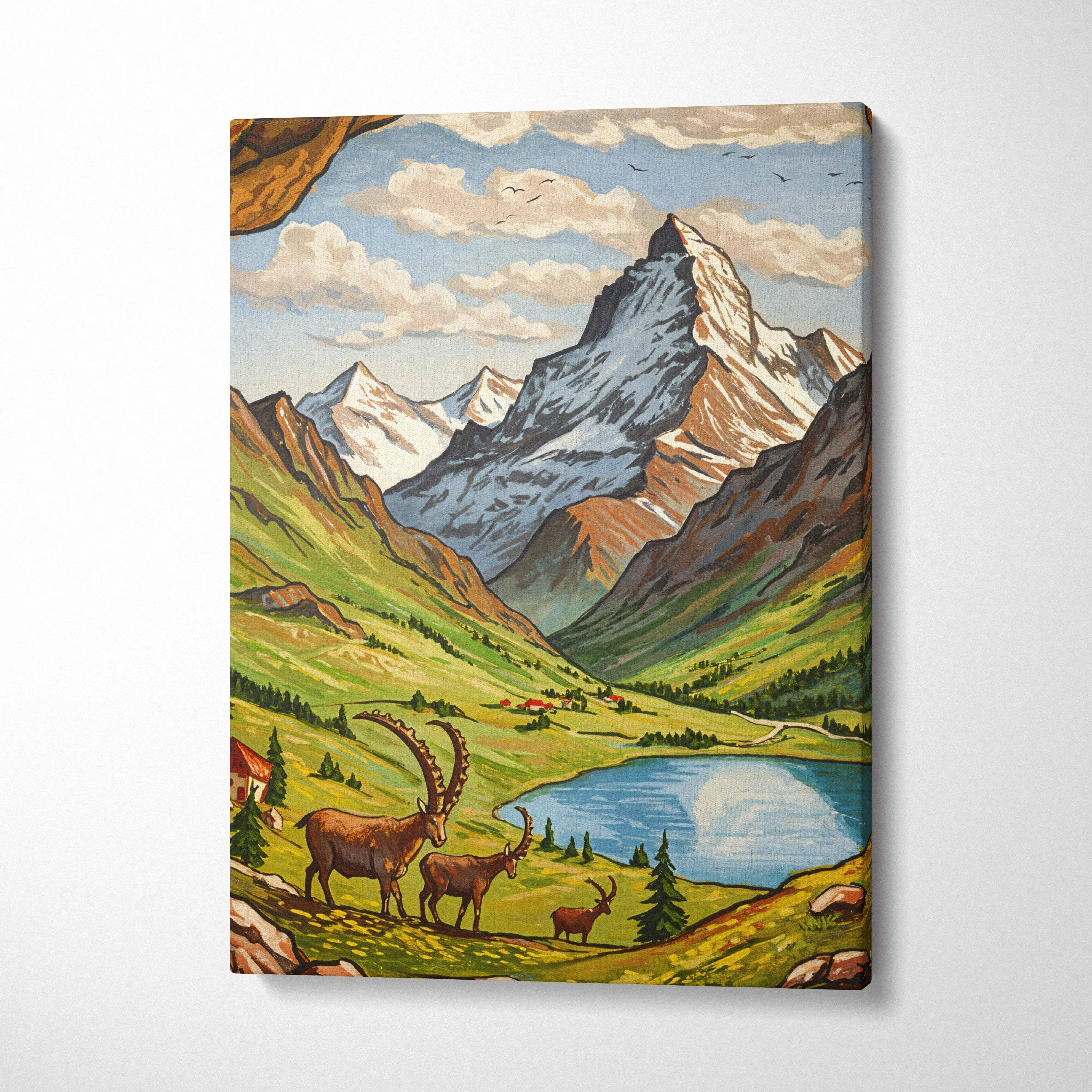Vibrant canvas print of alpine mountains, emerald meadows, cobalt lake, deer, goats, snow peaks