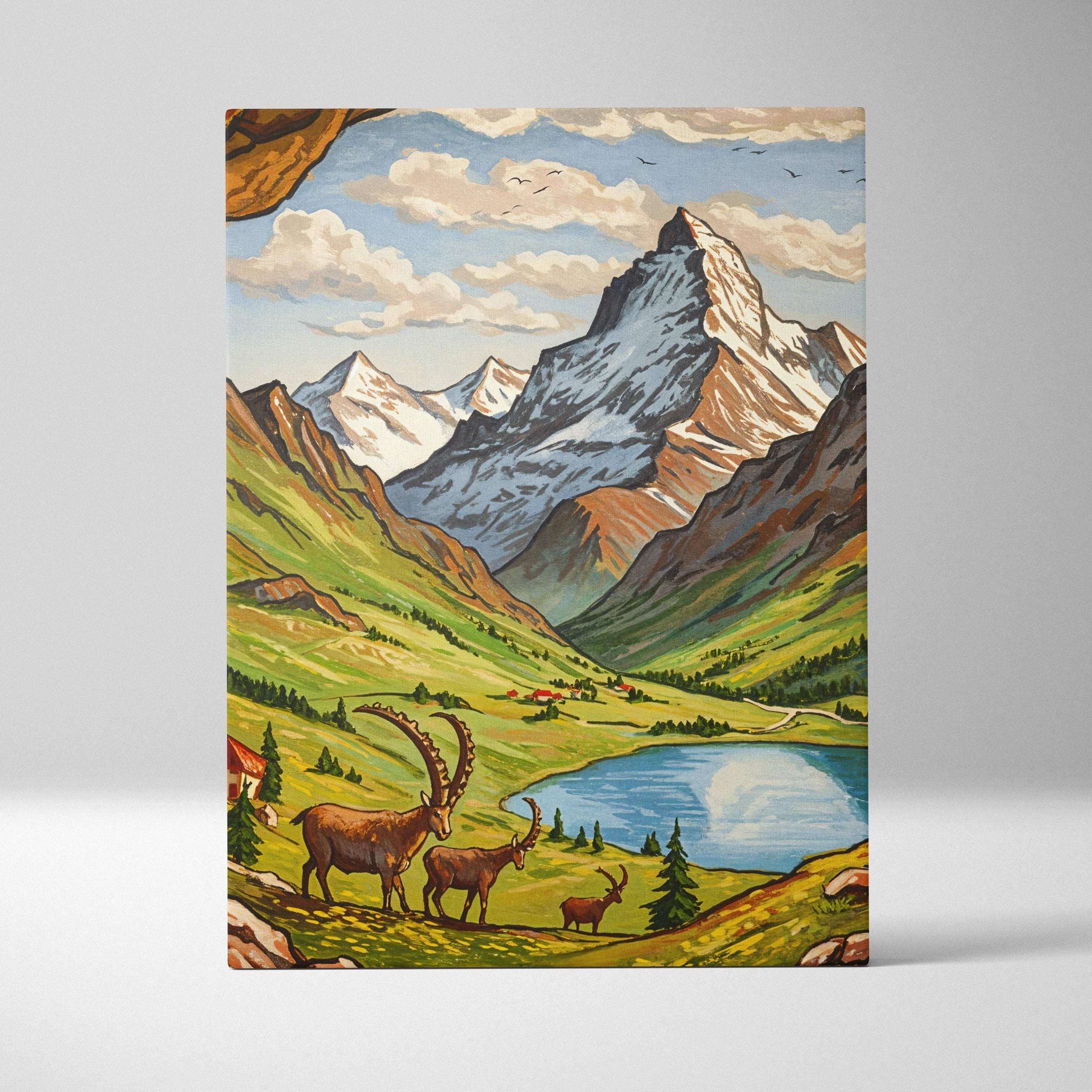 Vintage Matterhorn canvas art with alpine peaks lake goats meadows