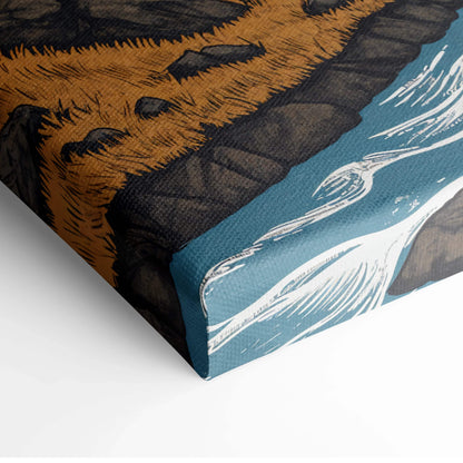 Stylized orange fox on rocky shore by turquoise river with snowy peaks canvas art