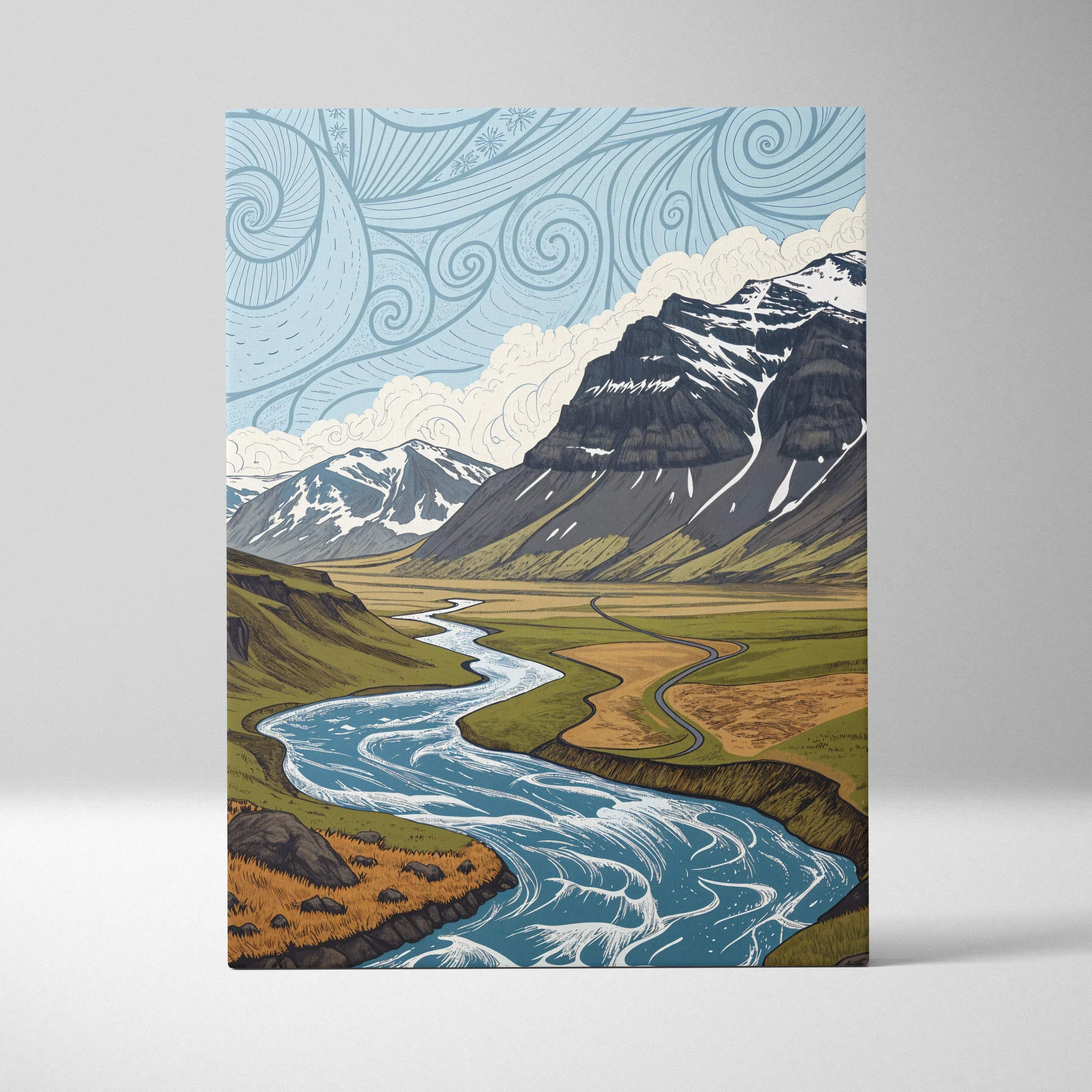 Stylized canvas wall art of snowy mountain peaks, winding river in serene blues