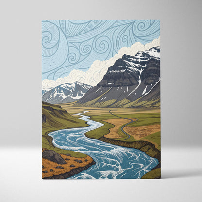 Stylized canvas wall art of snowy mountain peaks, winding river in serene blues